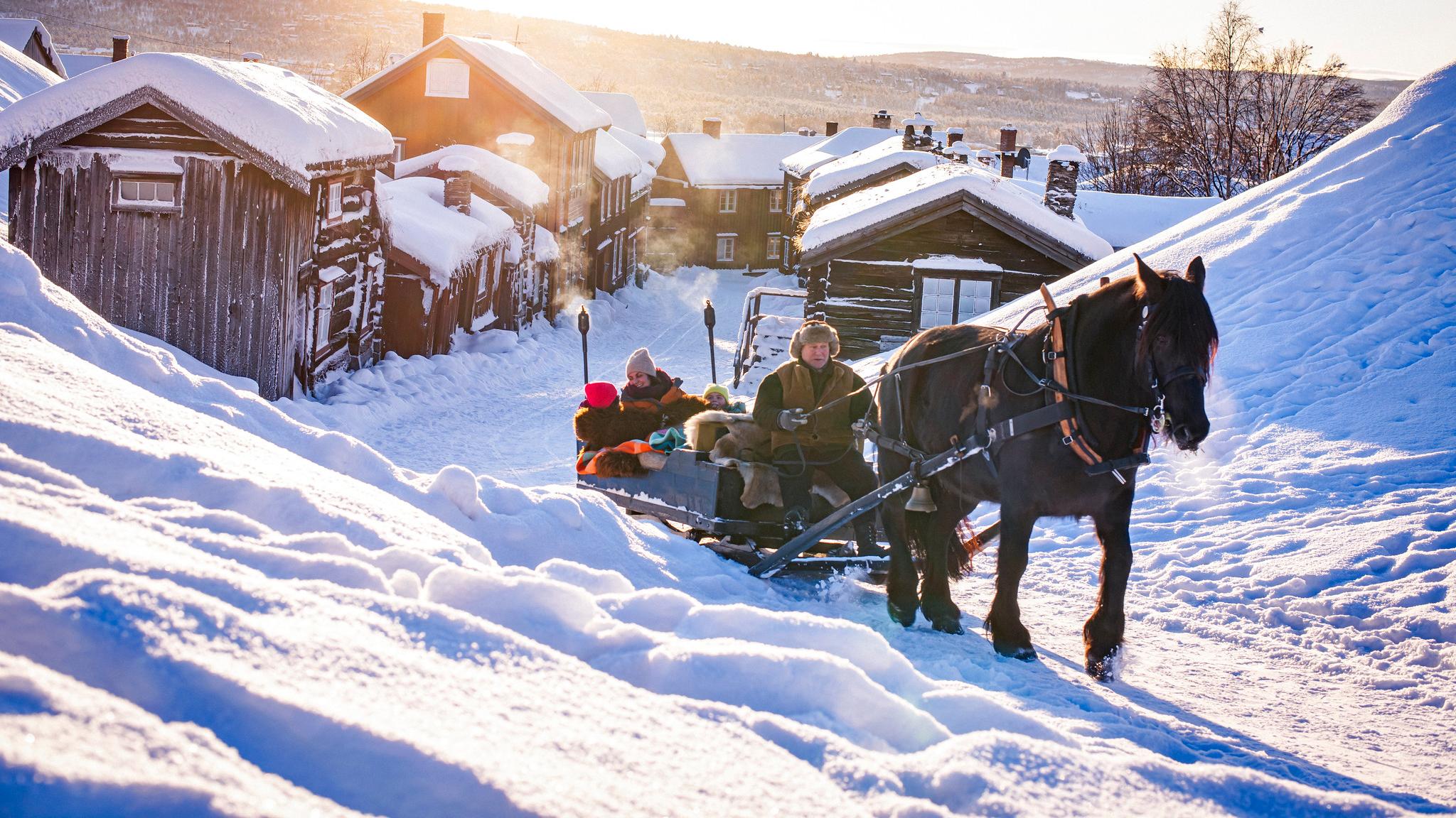 Tre personer kjører hest og slede på Røros en kald vinterdag