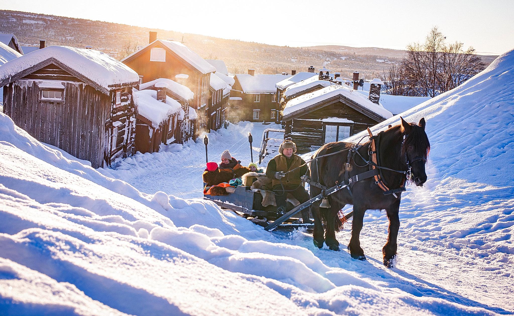 Three people riding a horse and sleigh at Røros a cold winter day