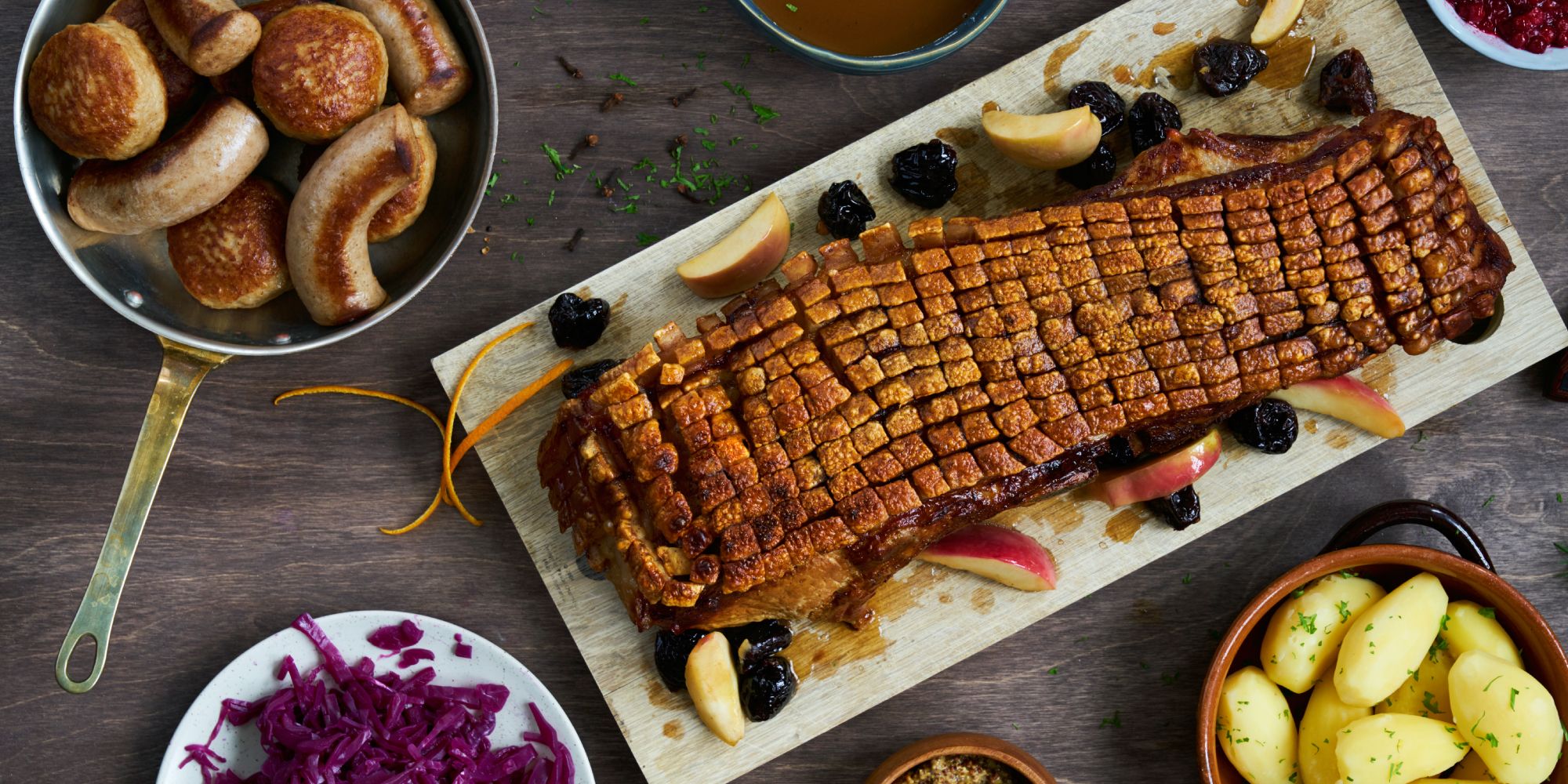 Pork belly roast with traditional side dishes
