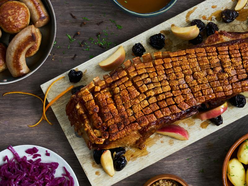 Pork belly roast with traditional side dishes
