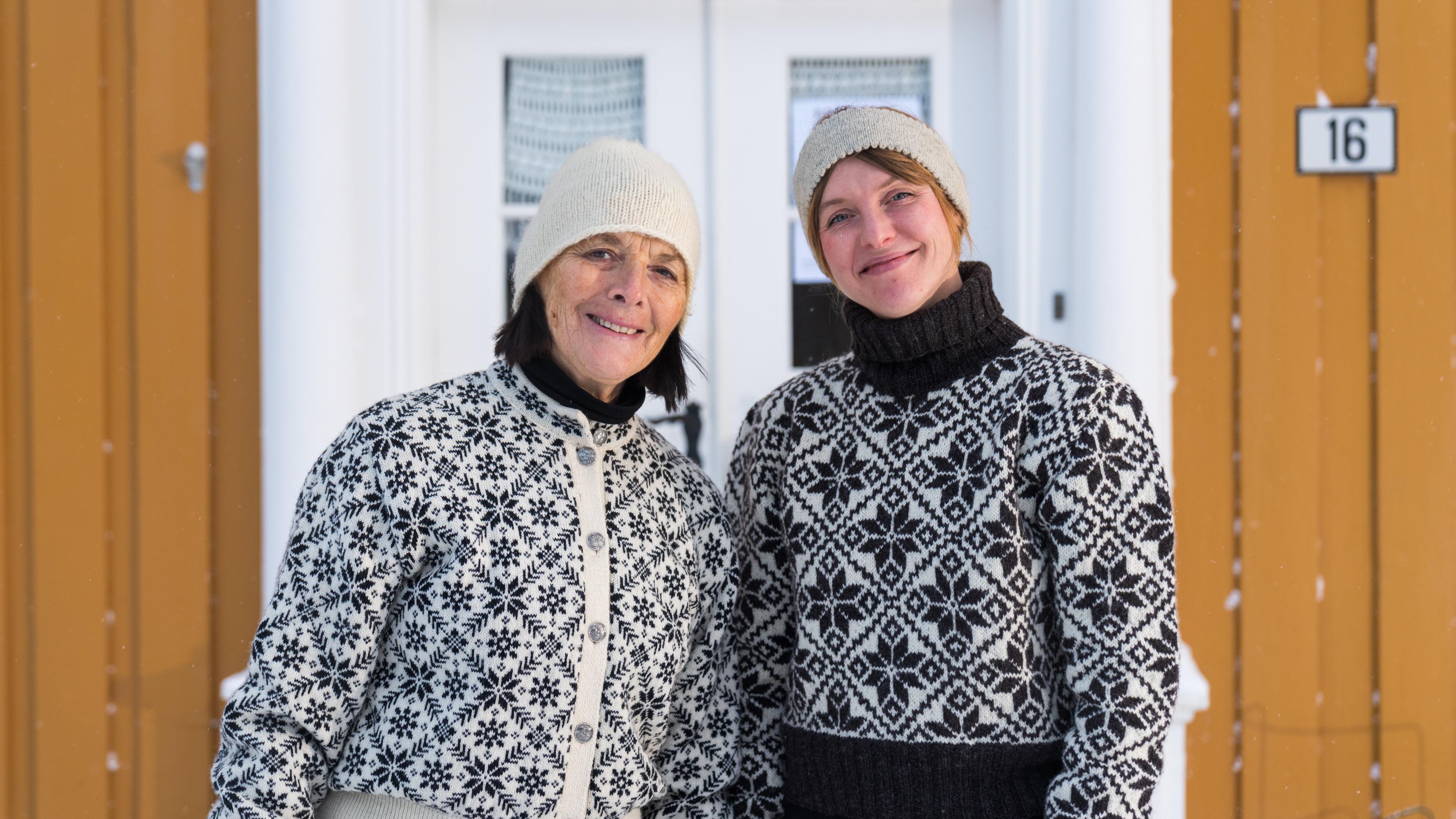 Two woman outside of the Selbu Husflidscentral in Selbu, Trøndelag, Norway.