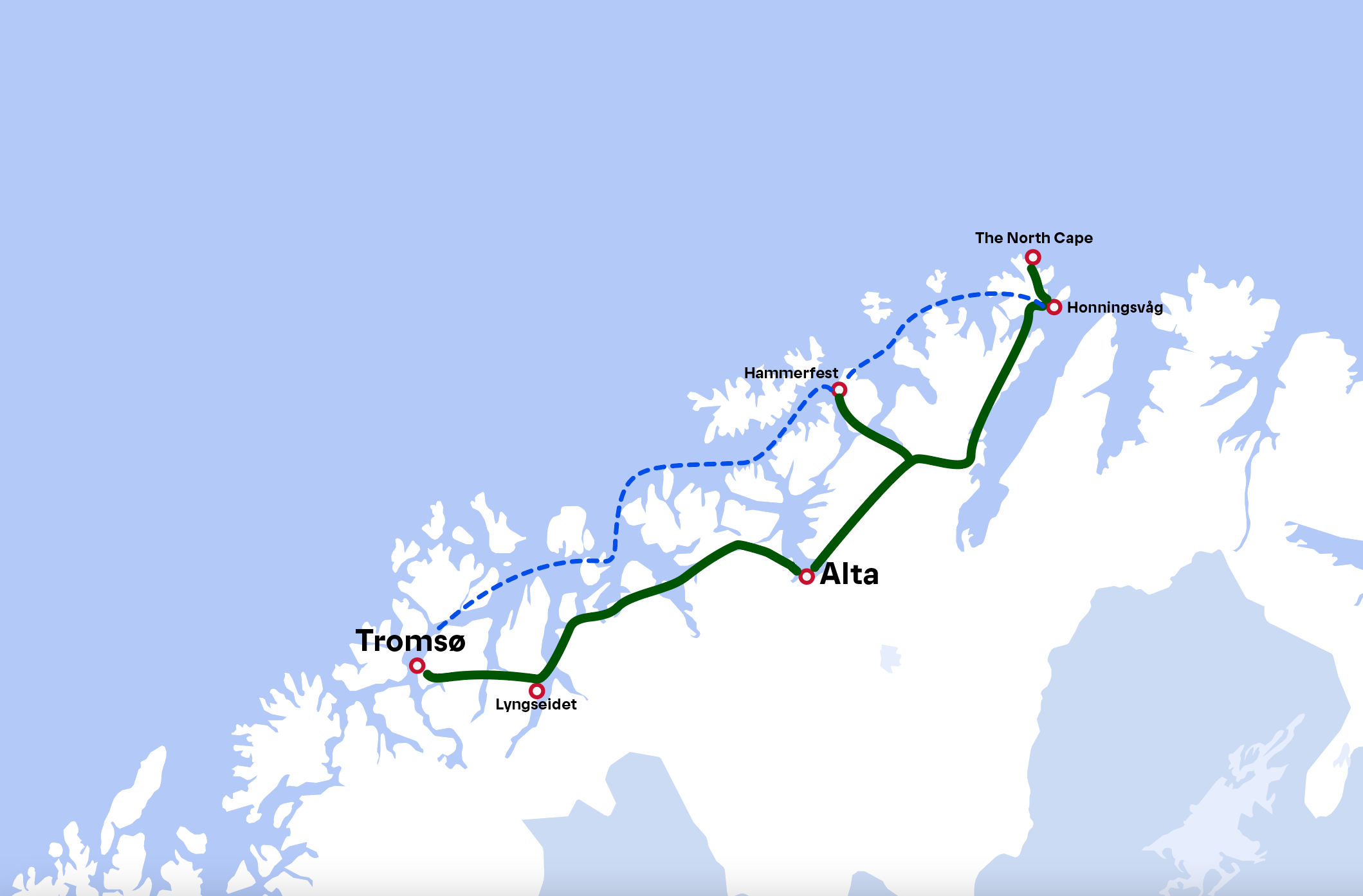 Public transportation route between Tromsø-Alta-Nordkapp