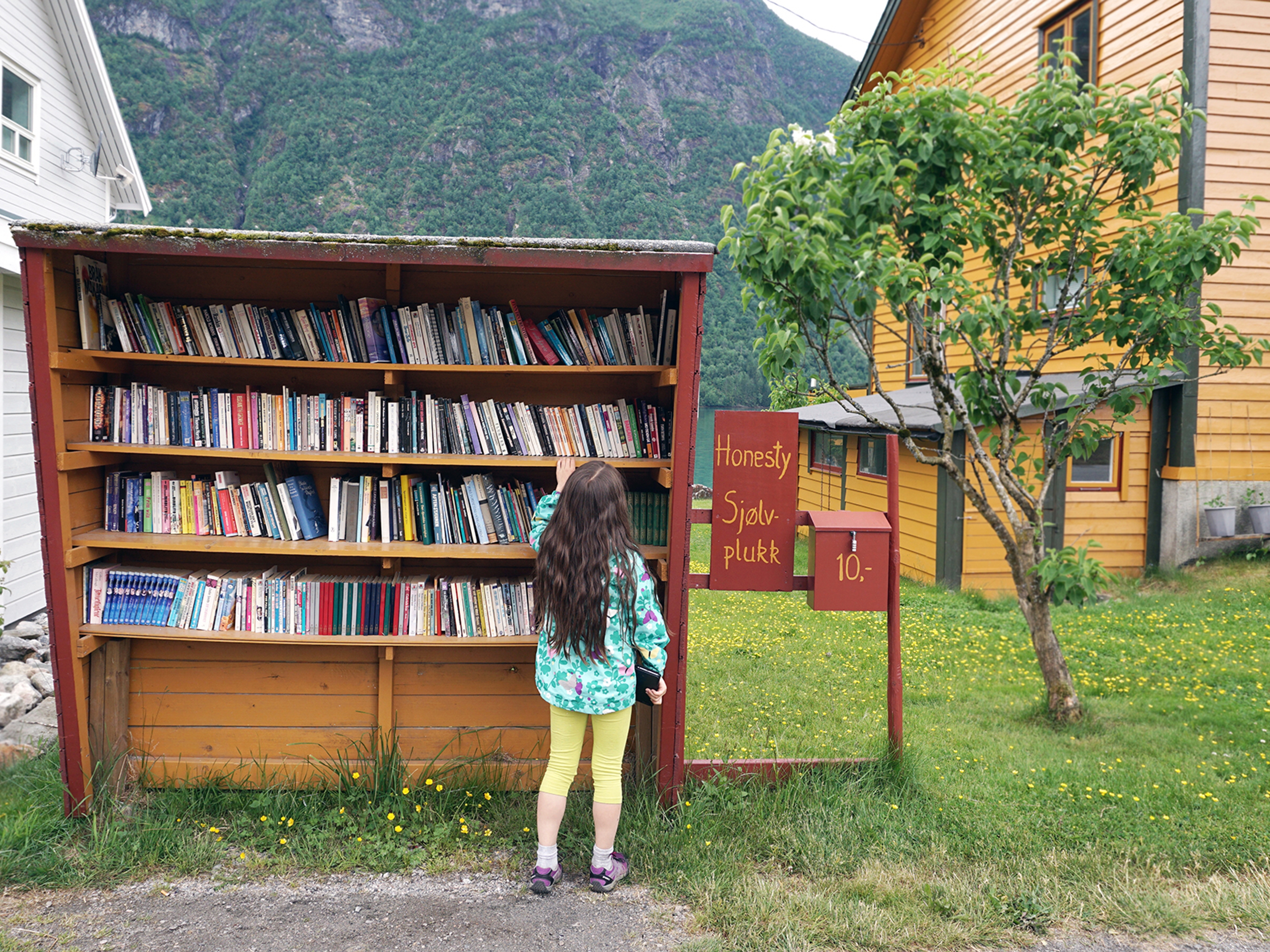 A girl is browsing books in the outdoor bookshop Sjølvplukk in The Norwegian book town in Fjærland, Sogn og Fjordane