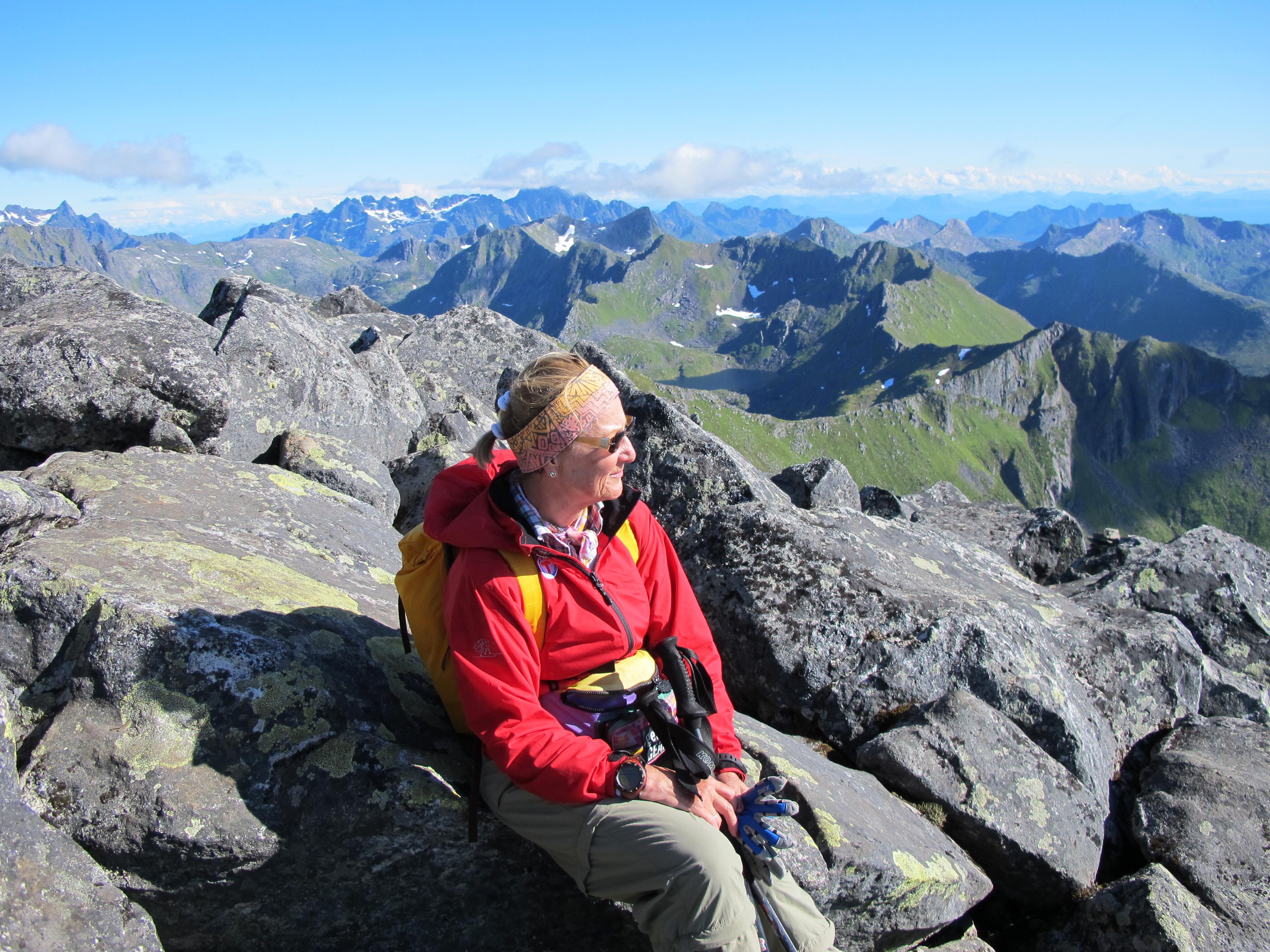 M.S. Sonja, Queen of Norway on a hike at Matmora mountain in Lofoten