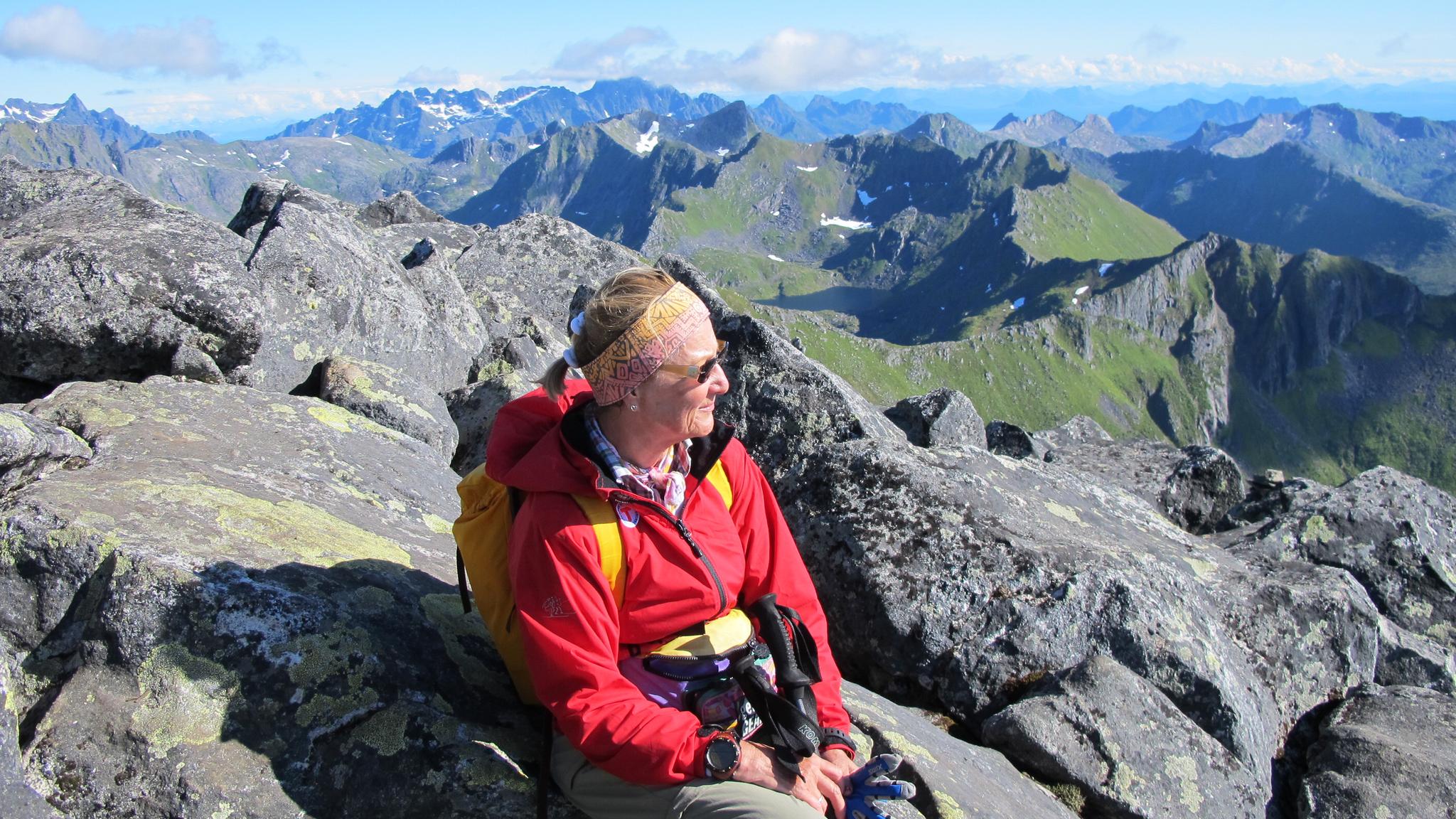 M.S. Sonja, Queen of Norway on a hike at Matmora mountain in Lofoten