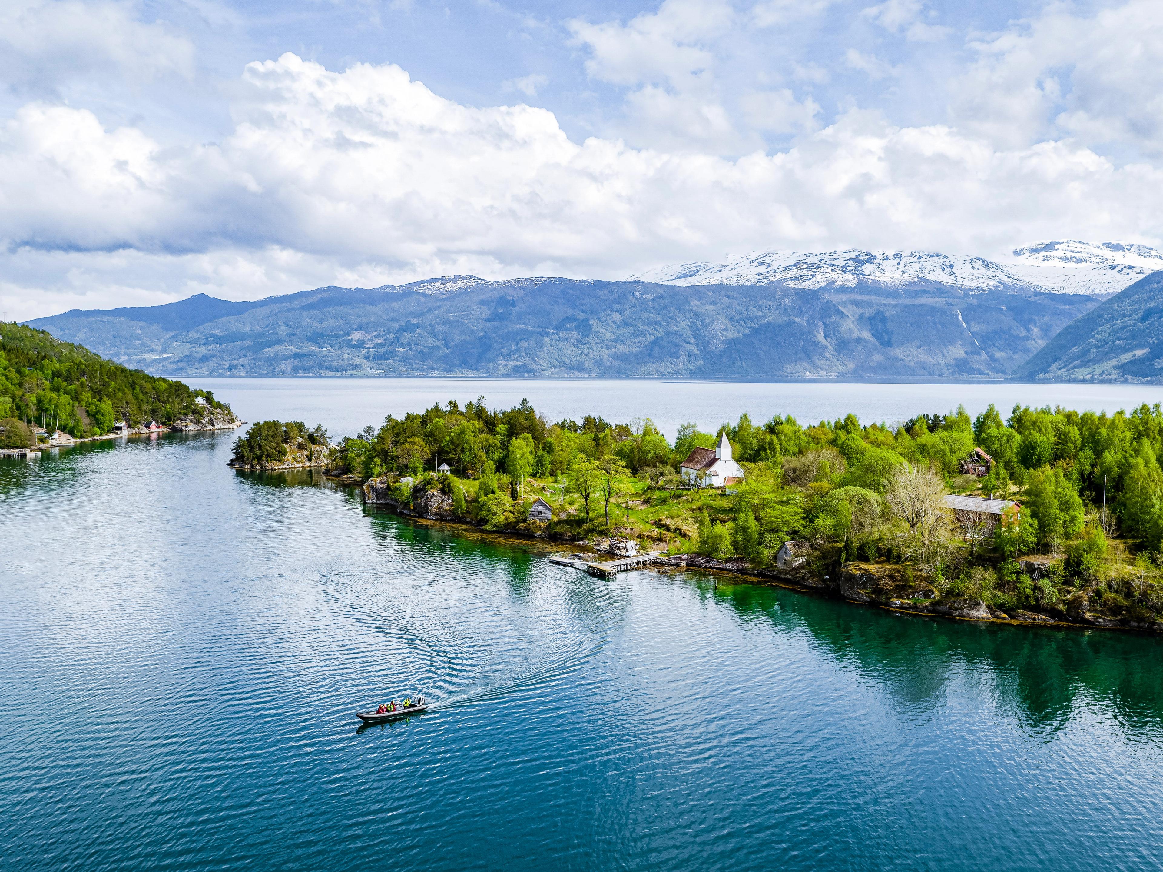 Drone view of rib boat fjord sightseeing in Balestrand