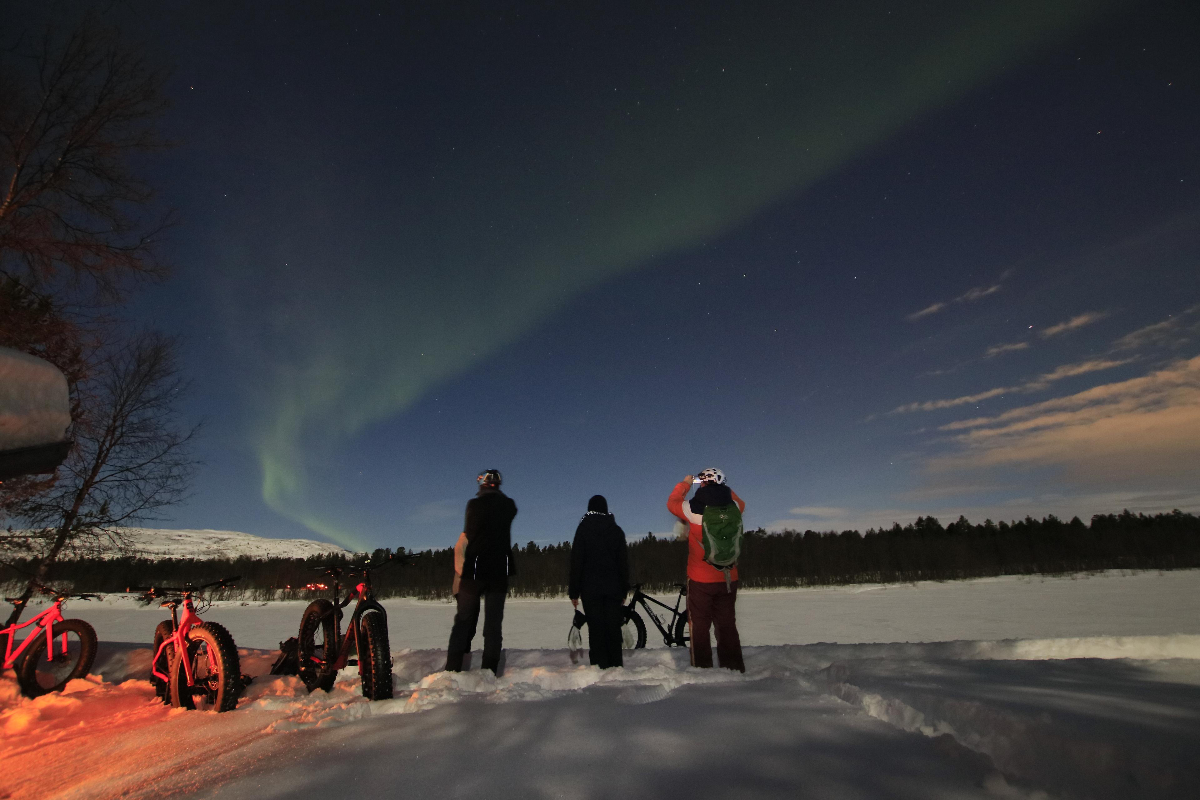 People with fatbikes looking at the northern lights in Finnmark, Norway.