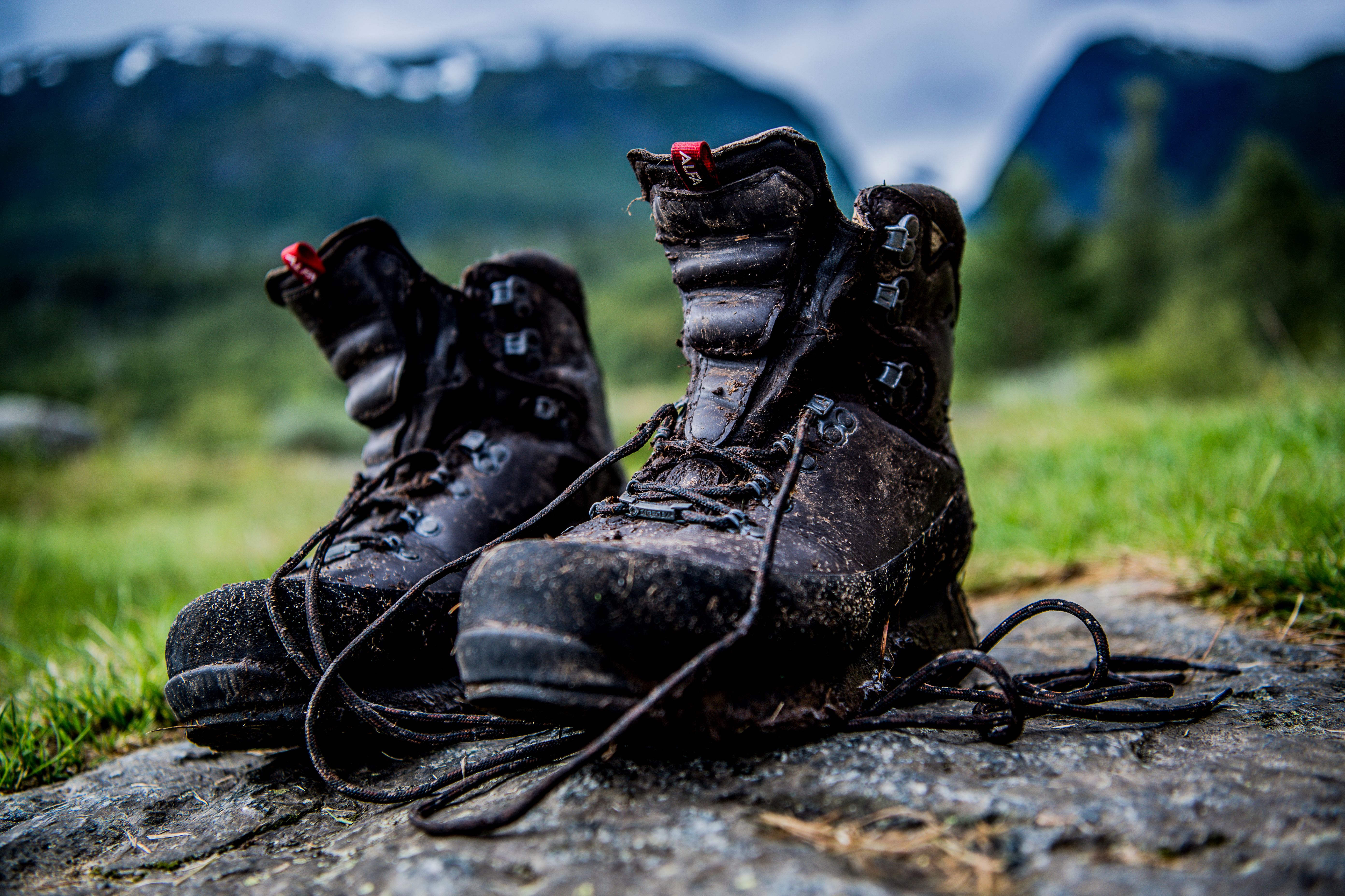 A pair of dirty hiking boots in Utladalen in Jotunheimen, Eastern Norway