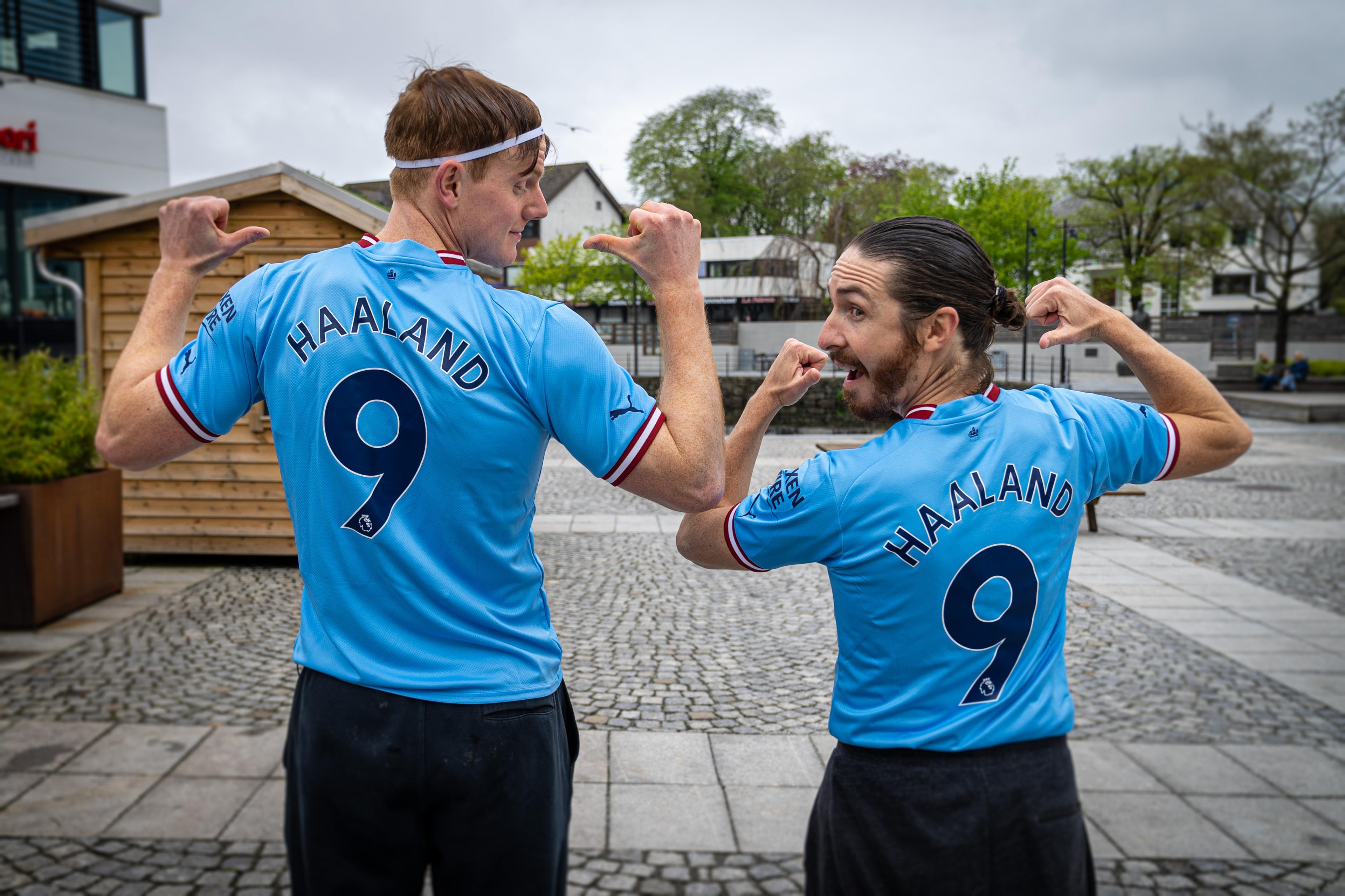 Two Erling Braut Haaland supporters visiting Bryne in Jæren, Fjord Norway