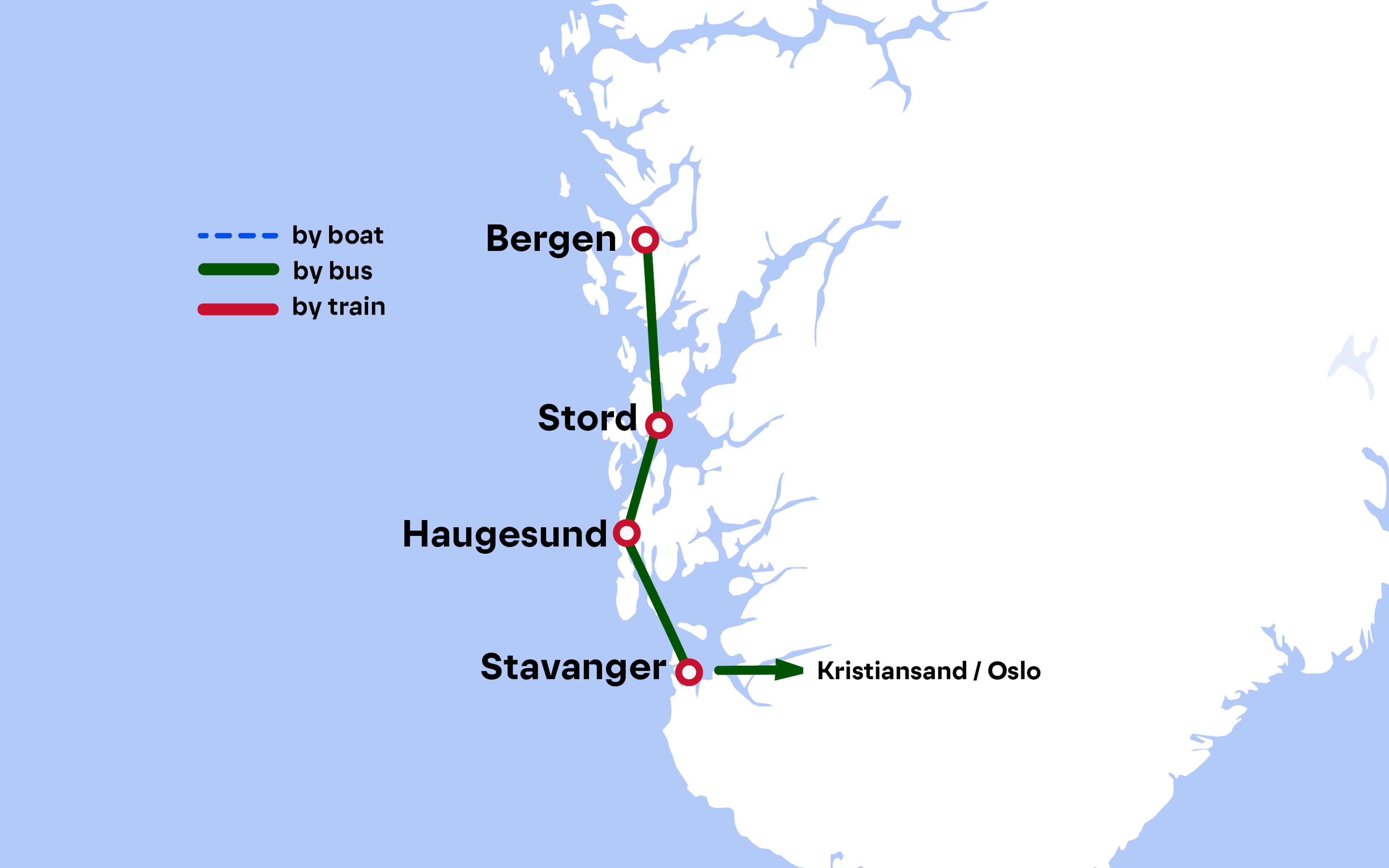 Route map, Bergen - Stord - Haugesund - Stavanger