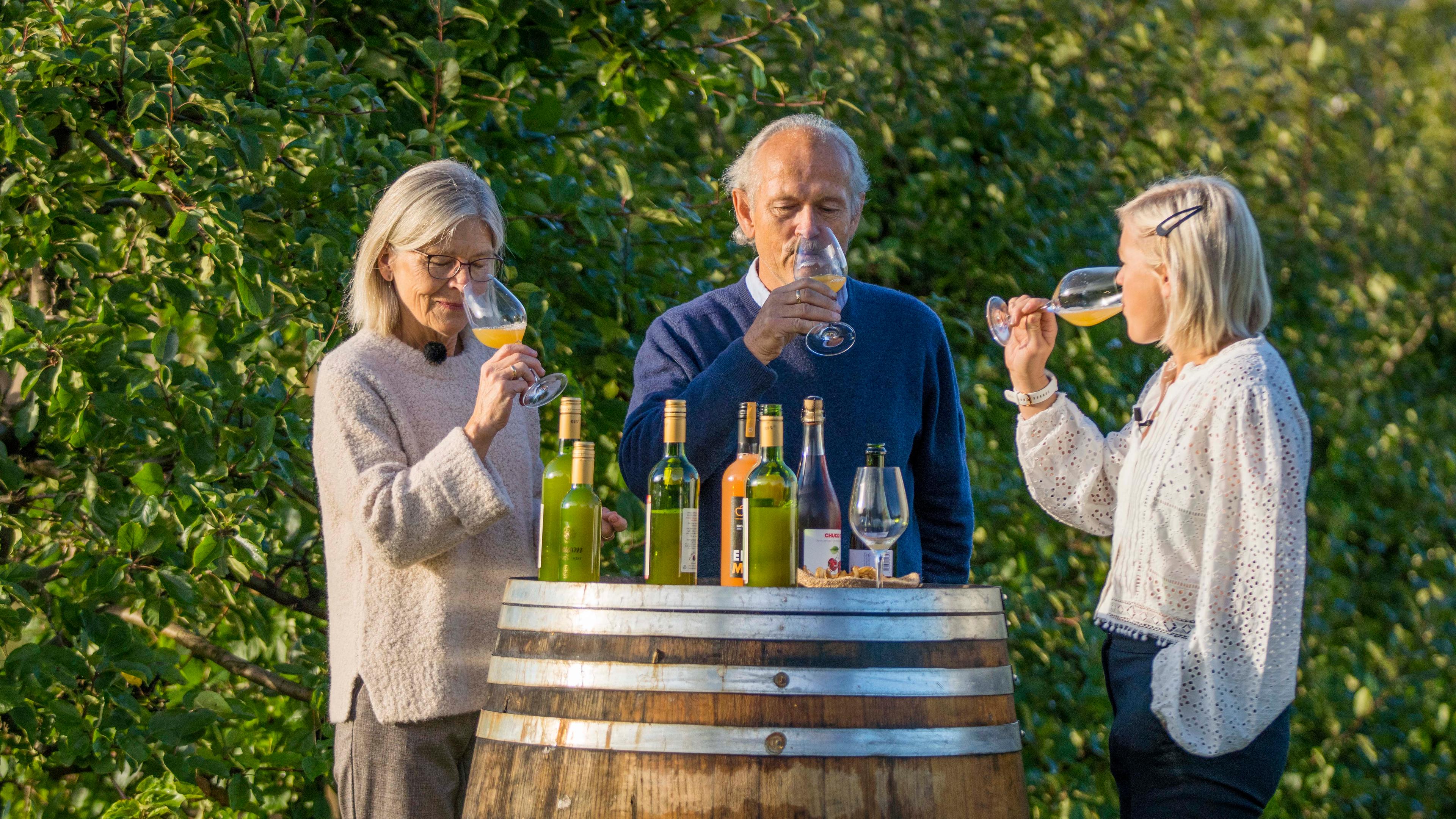 Three people tasting this years apple juice from the Fruit Village Gvarv
