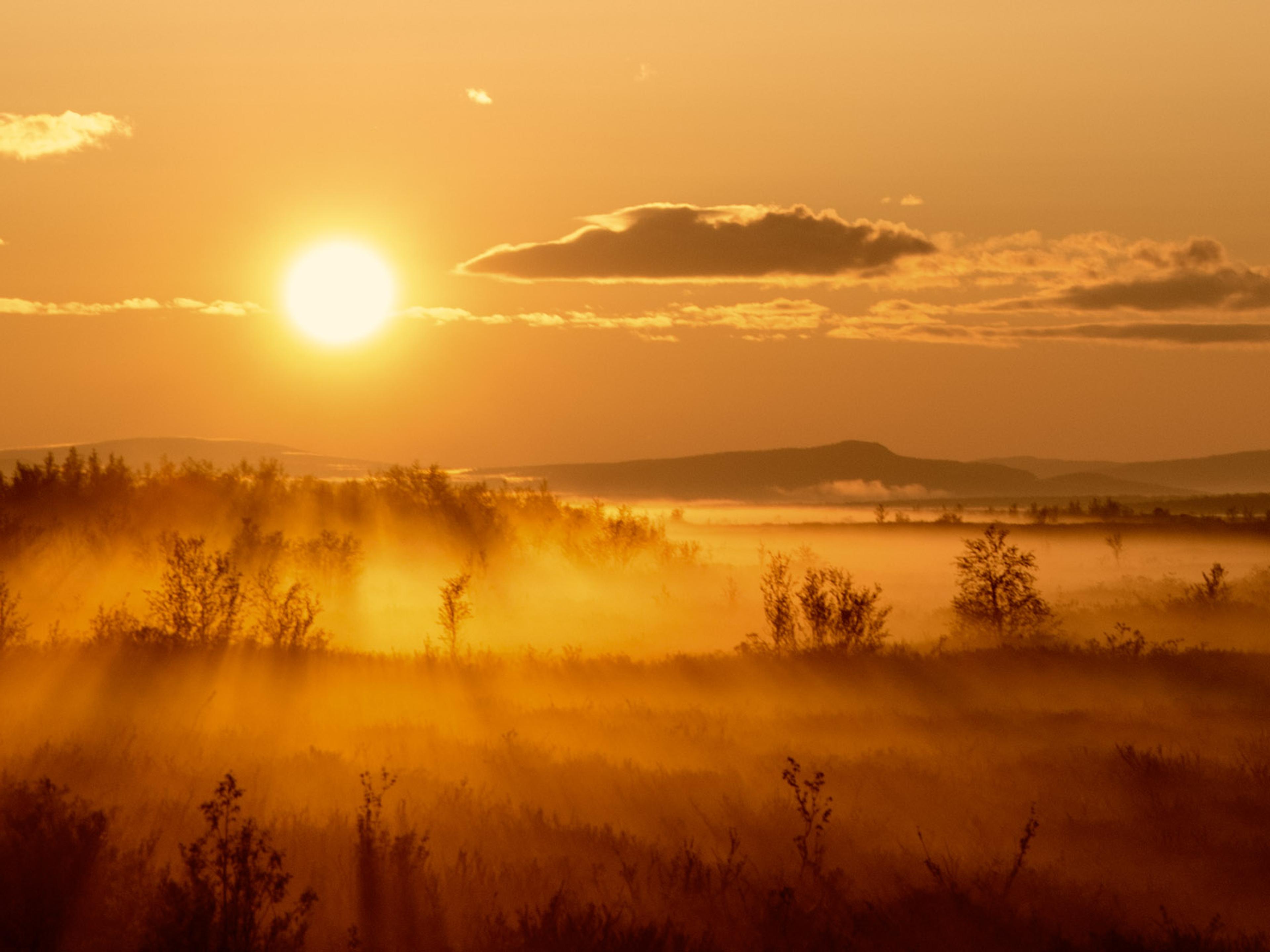 The midnight sun shining over the vast plains in Karasjok