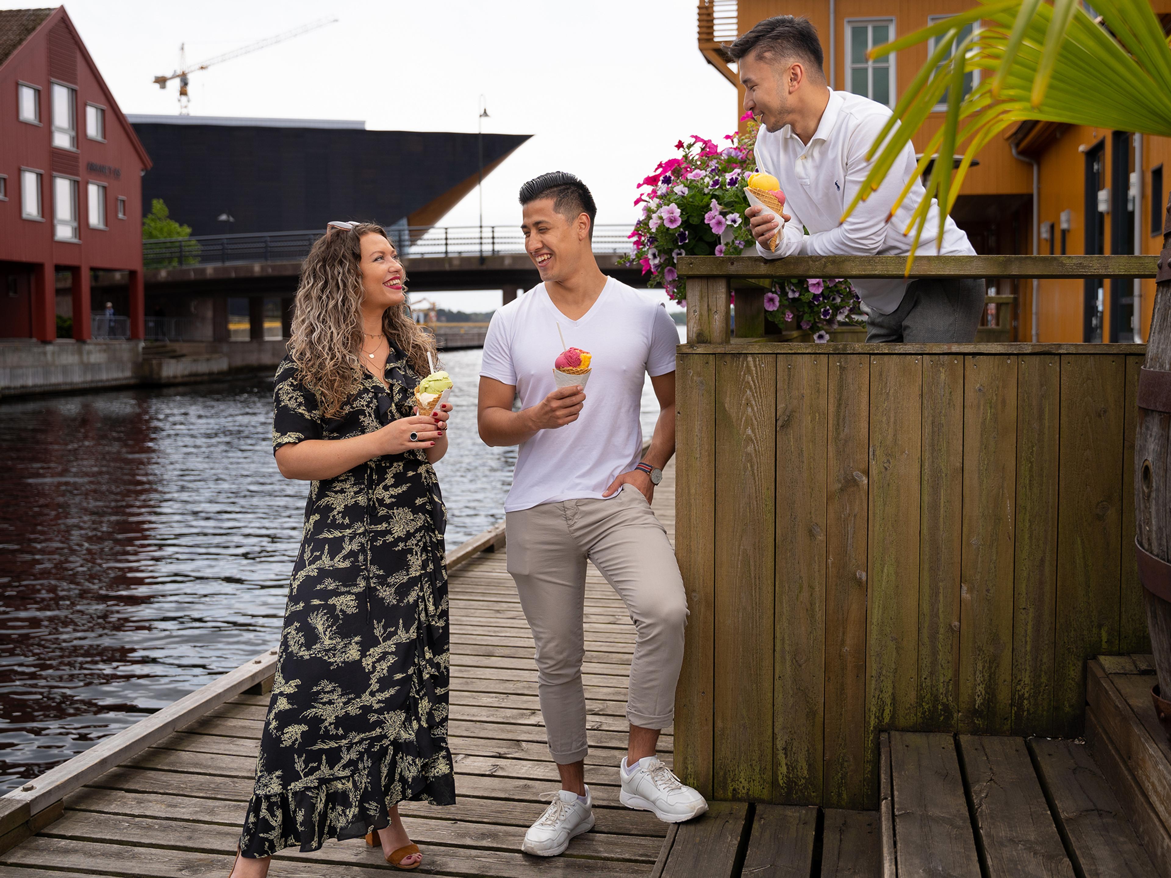 People eating ice cream on the dock in Kristiansand in Southern Norway