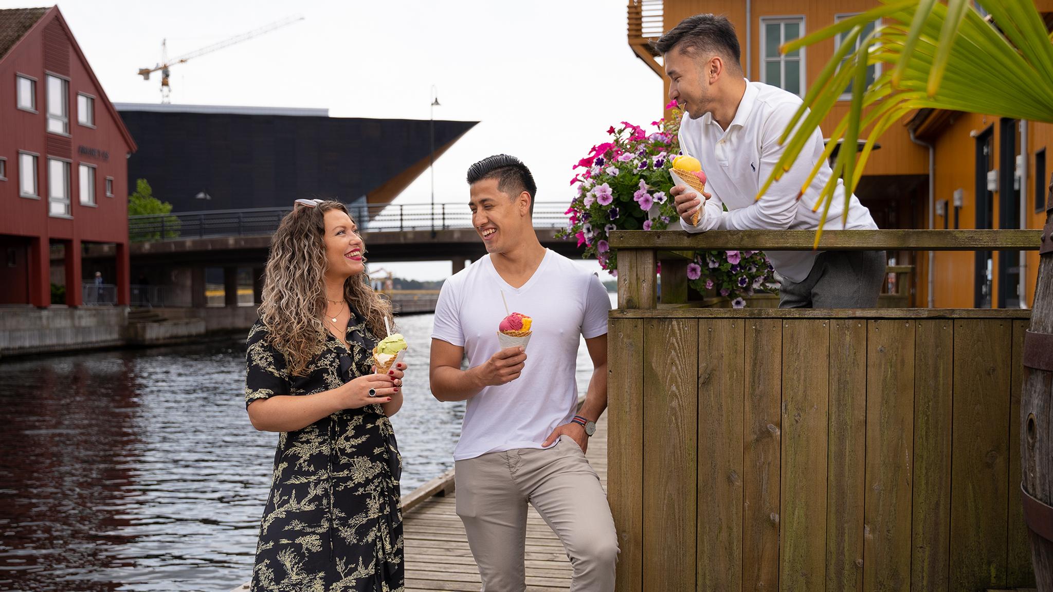 People eating ice cream on the dock in Kristiansand in Southern Norway