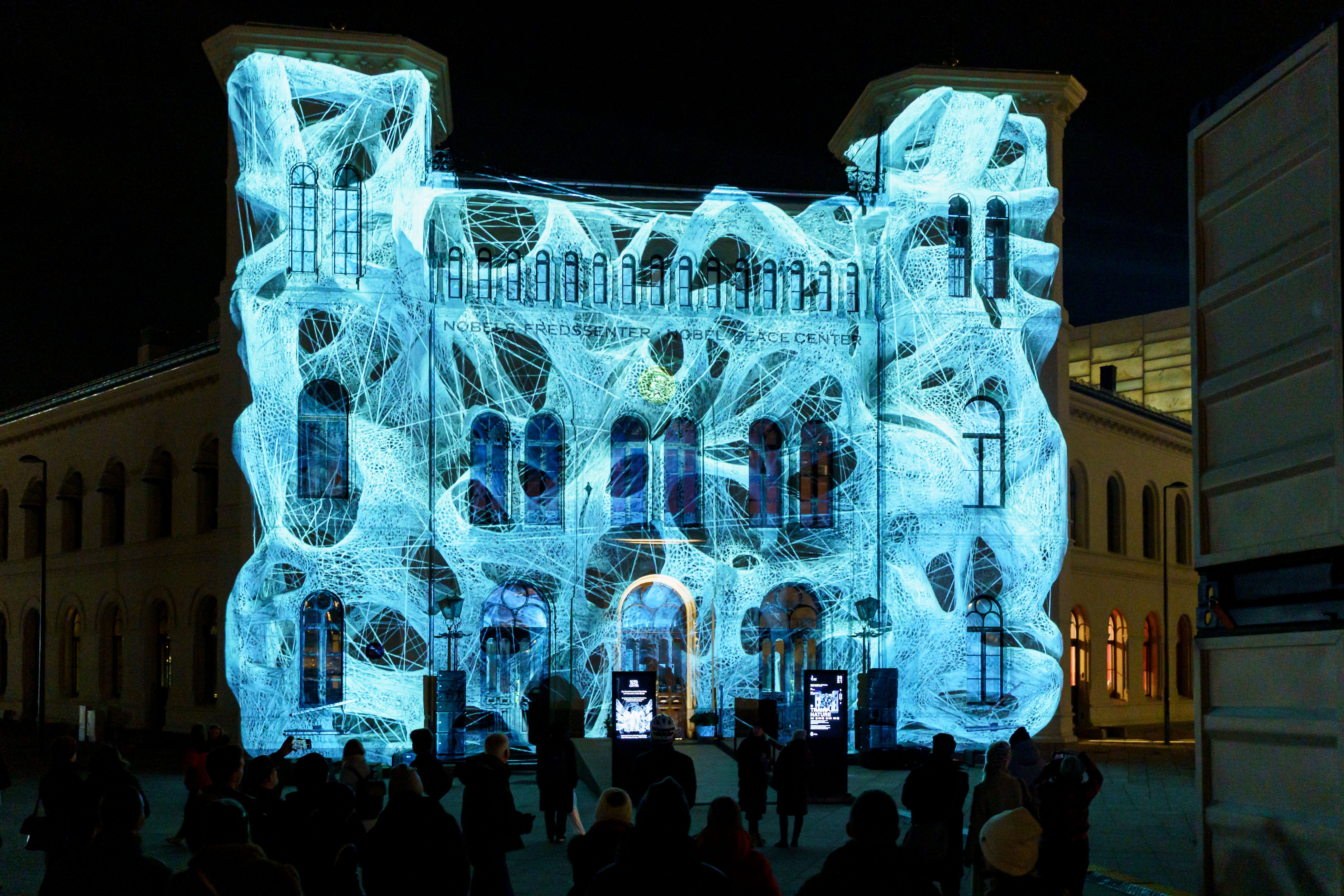 The Nobel peace centre decorated in lights during the Fjord Oslo light art festival