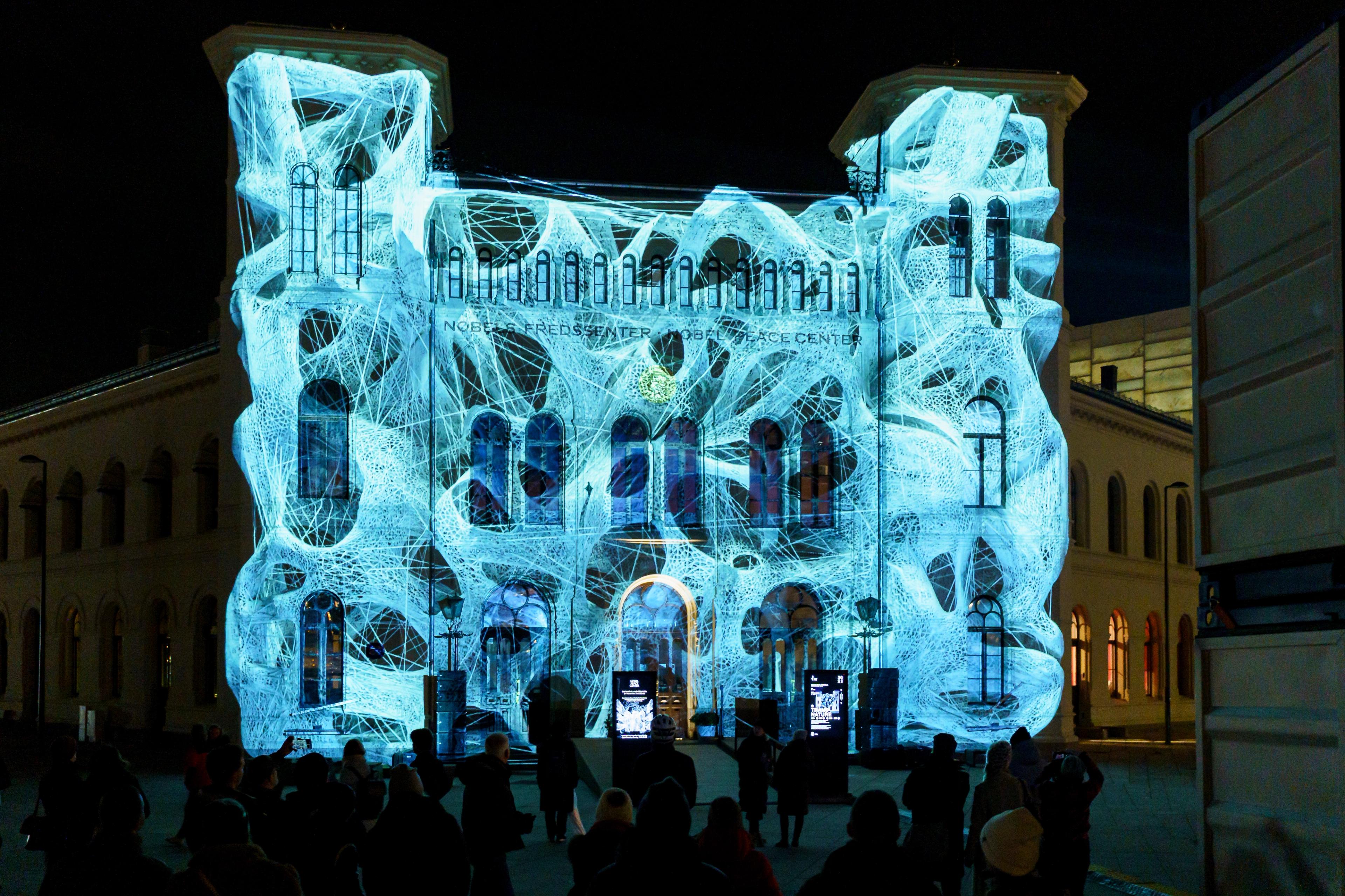 The Nobel peace centre decorated in lights during the Fjord Oslo light art festival