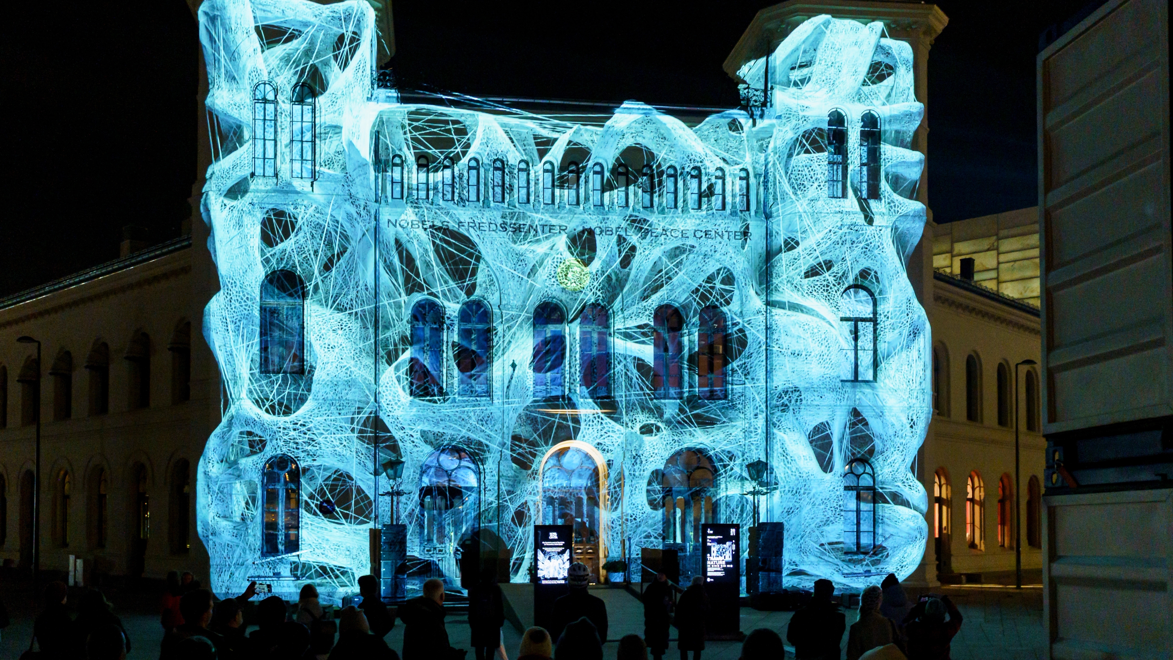 The Nobel peace centre decorated in lights during the Fjord Oslo light art festival