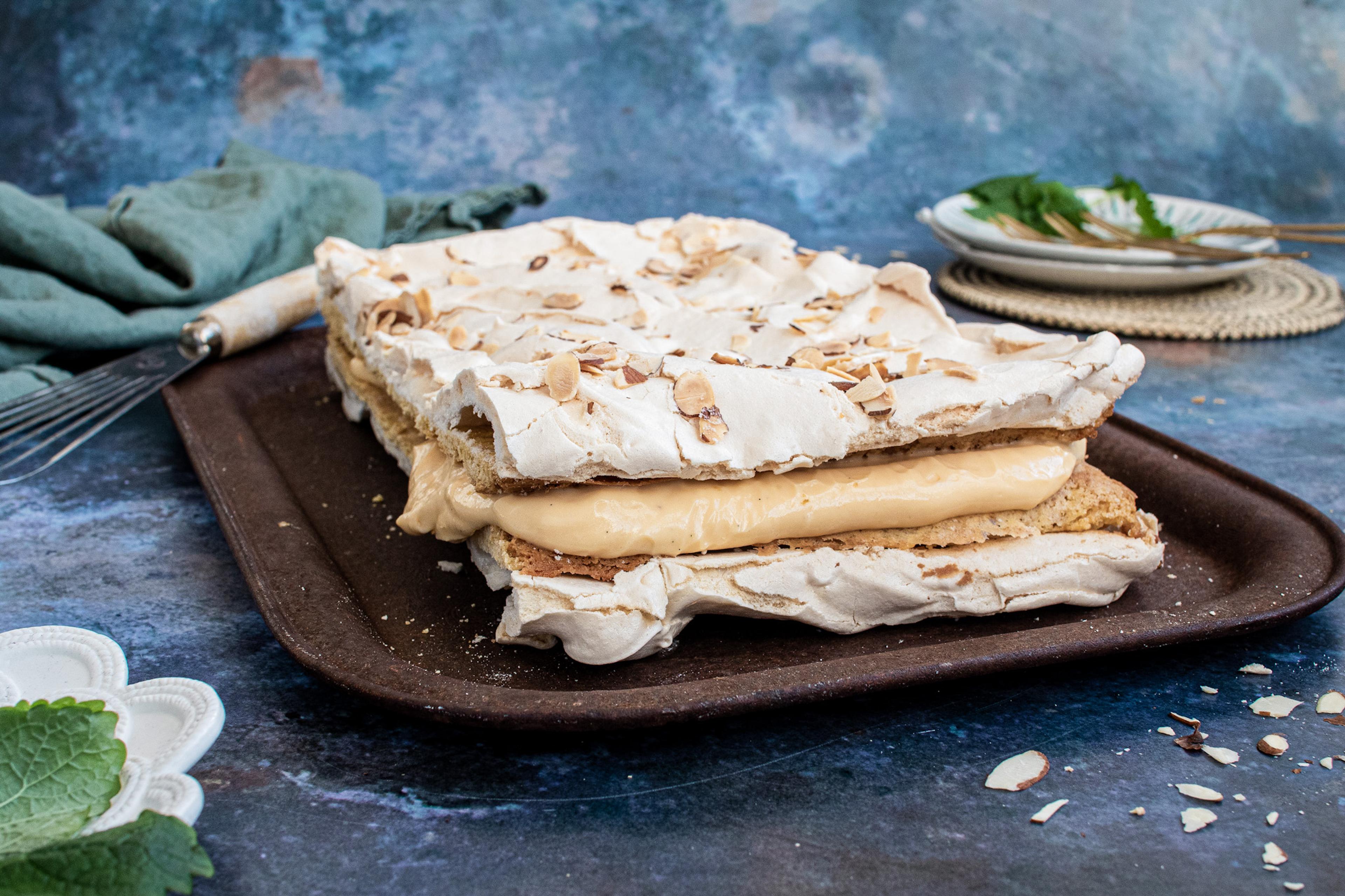 A classic Kvæfjordkake, voted Norway's national cake