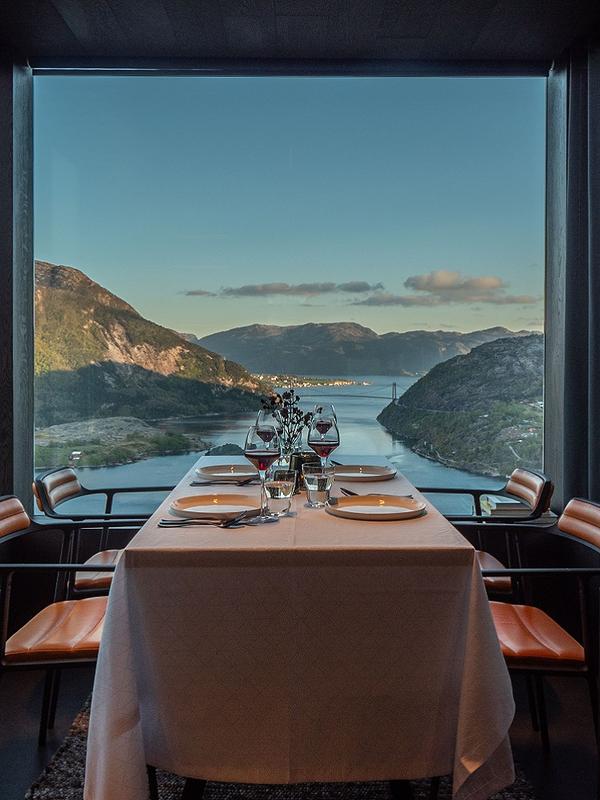 View over the fjord from the dining table in The Bolder, Norway