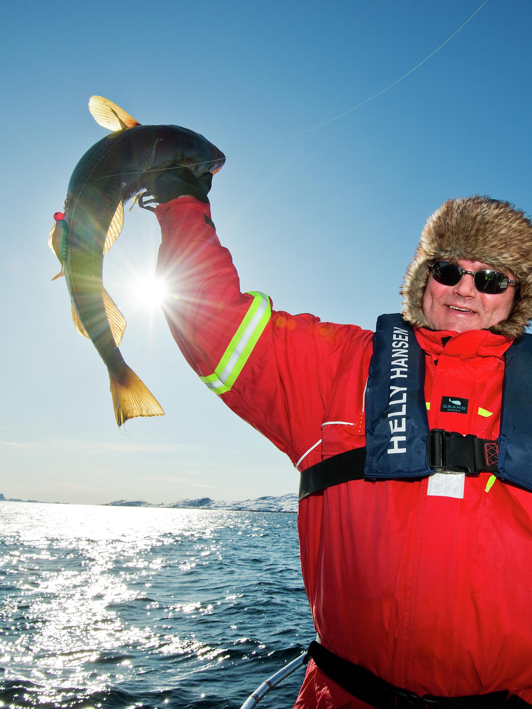En mann som har fanget fisk i Austnesfjorden, Lofoten