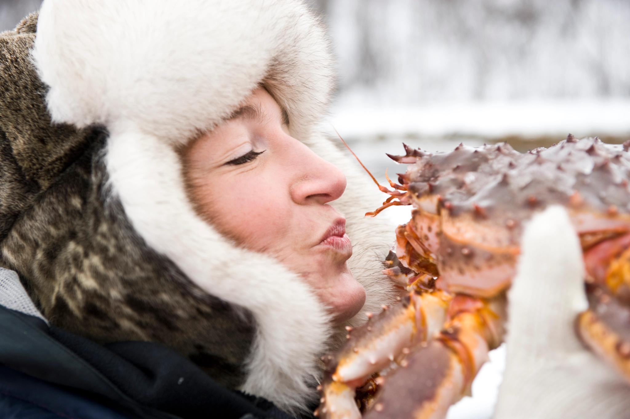 A woman kissing a king krab in the winter, Norway