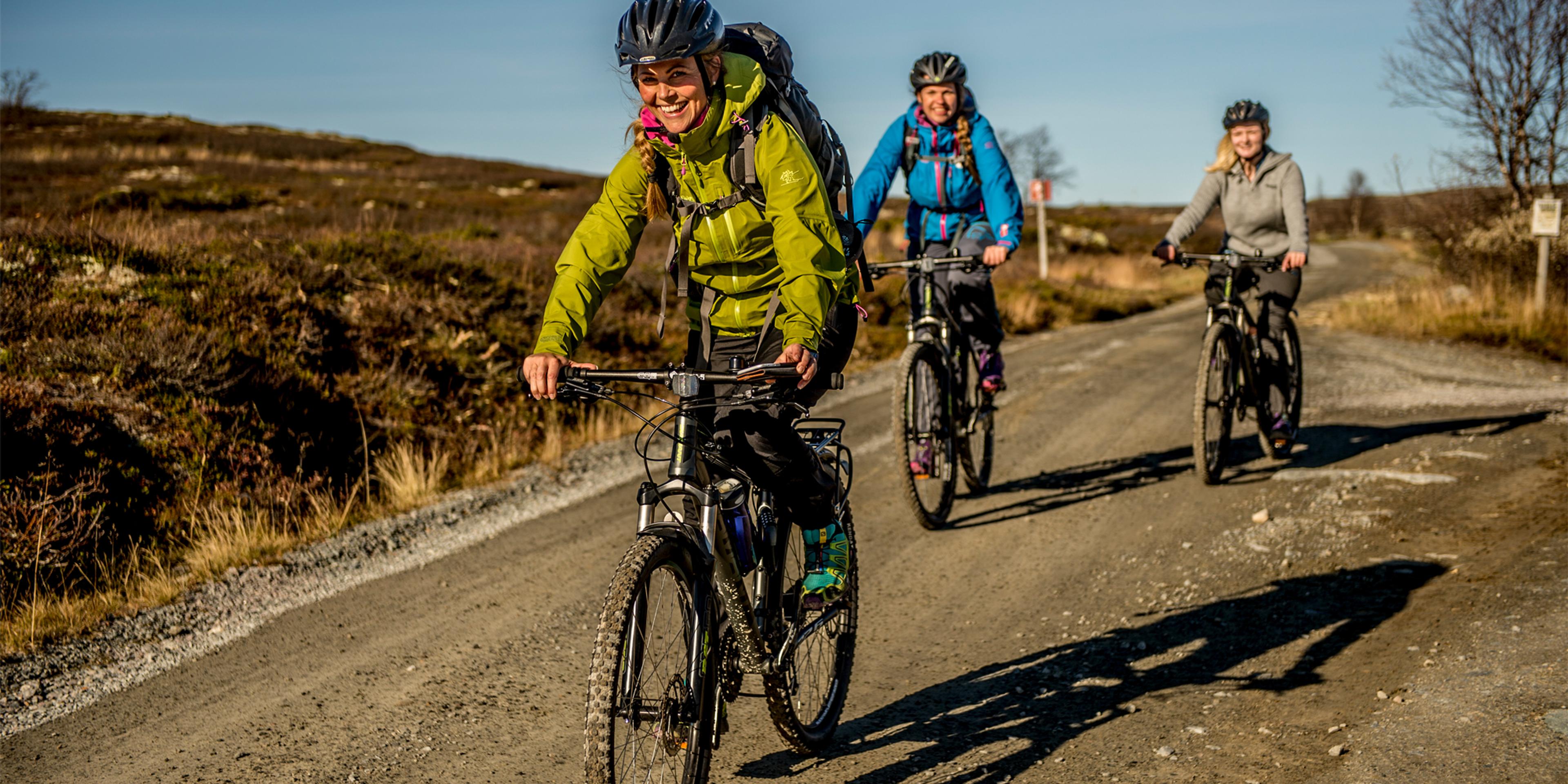 Tres personas montan en bicicleta por un camino de tierra en la meseta montañosa de Hardangervidda, en Noruega.