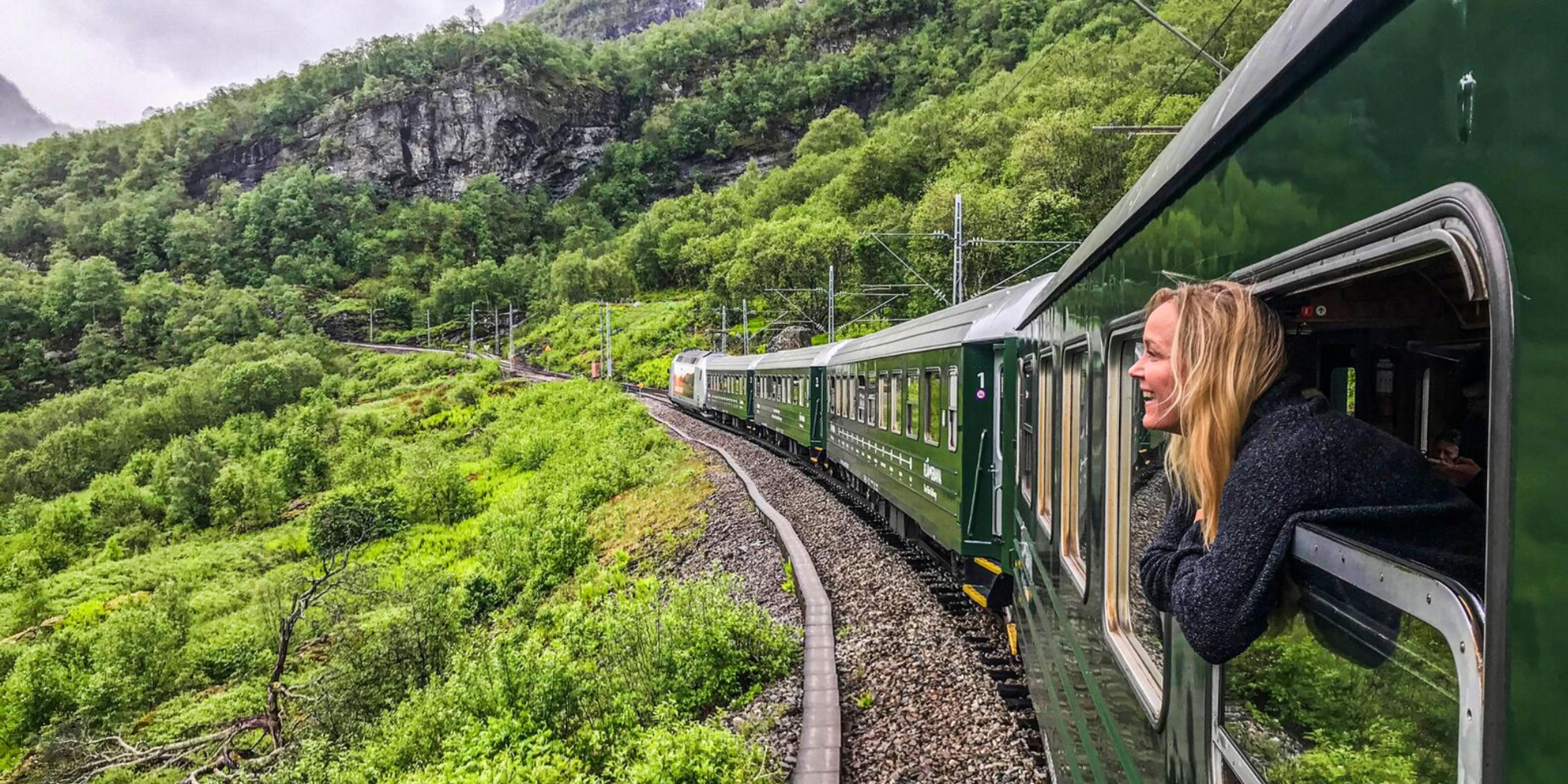 A woman traveling with Flåm railway