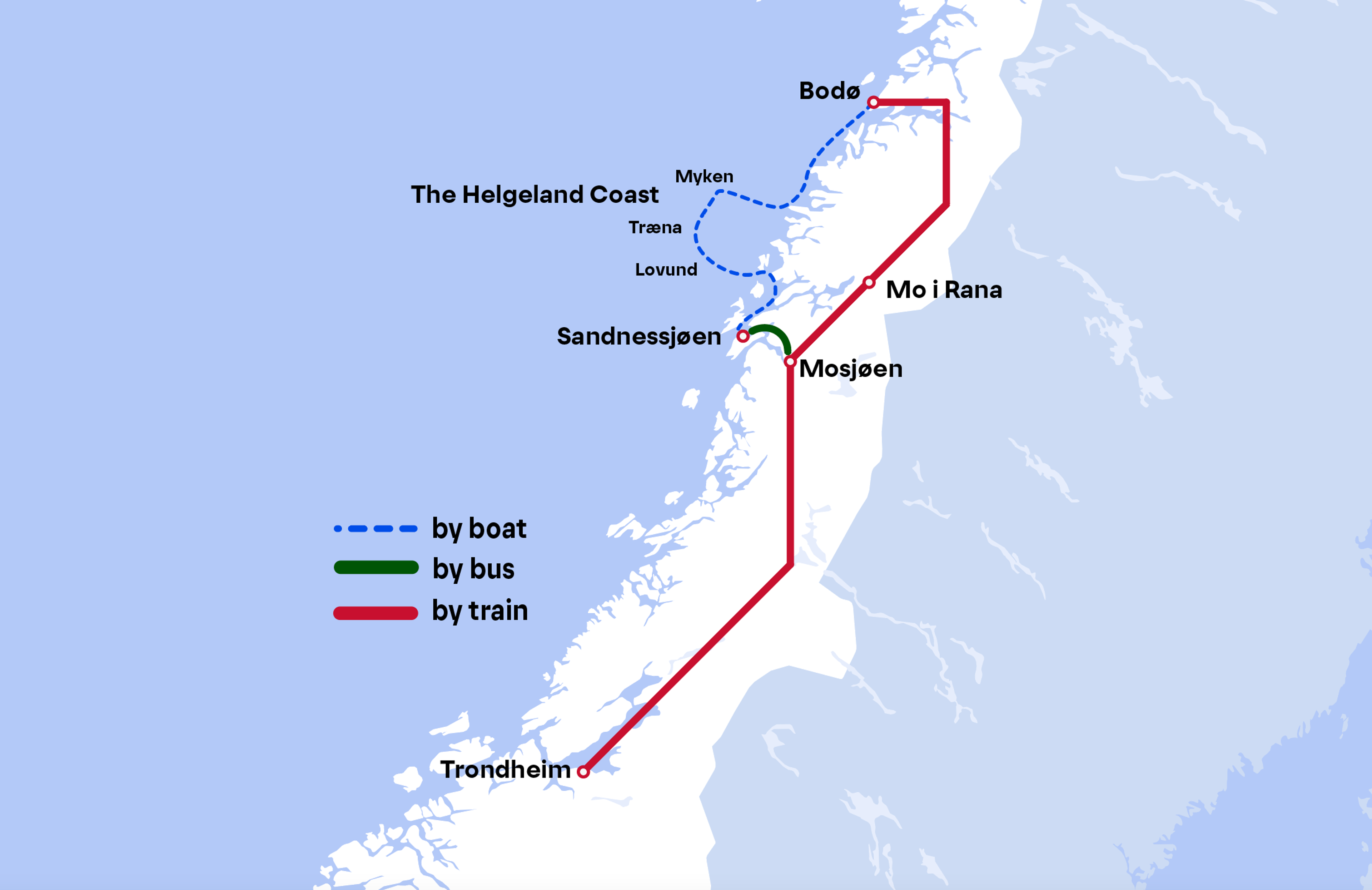 Public transportation map route from Trondheim-Helgelandskysten-Bodø