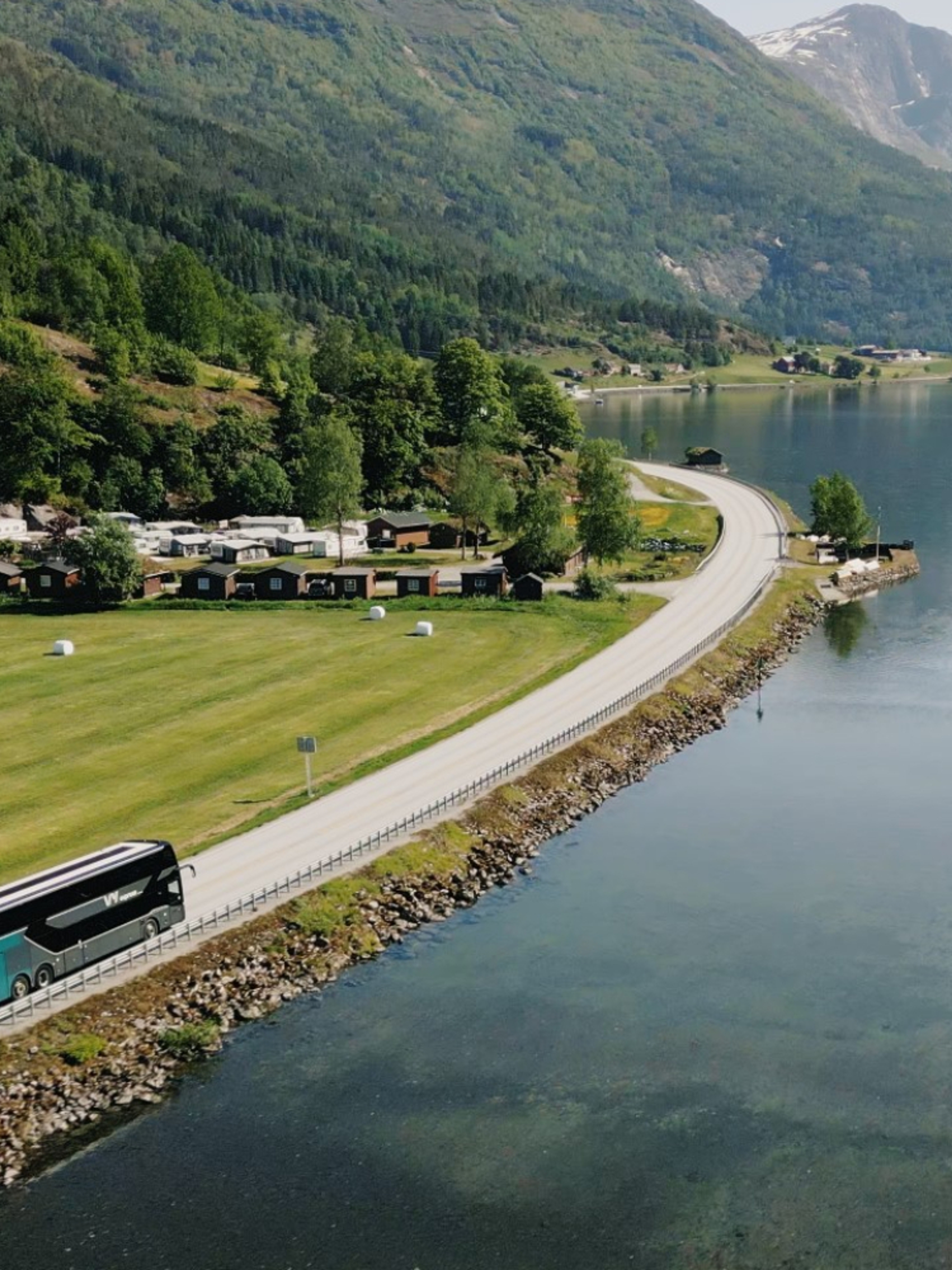A bus driving along the coast in Norway, Vy express route vy146