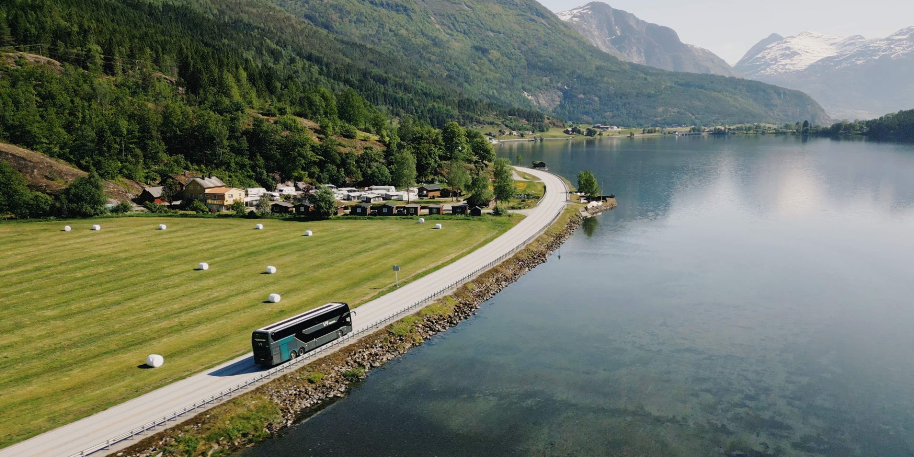 A bus driving along the coast in Norway, Vy express route vy146