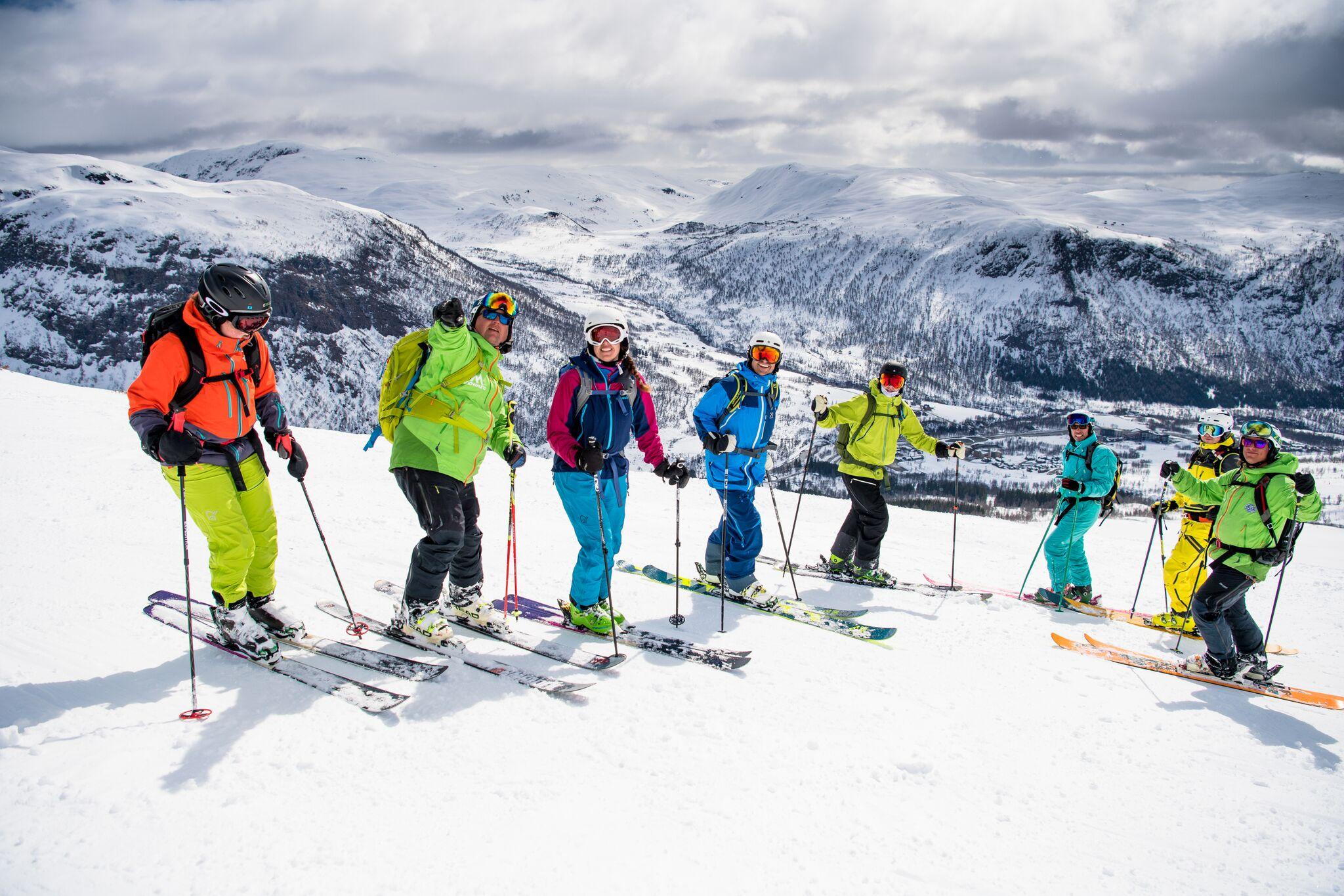 Alpine skiers in in Myrkdalen, Fjord Norway
