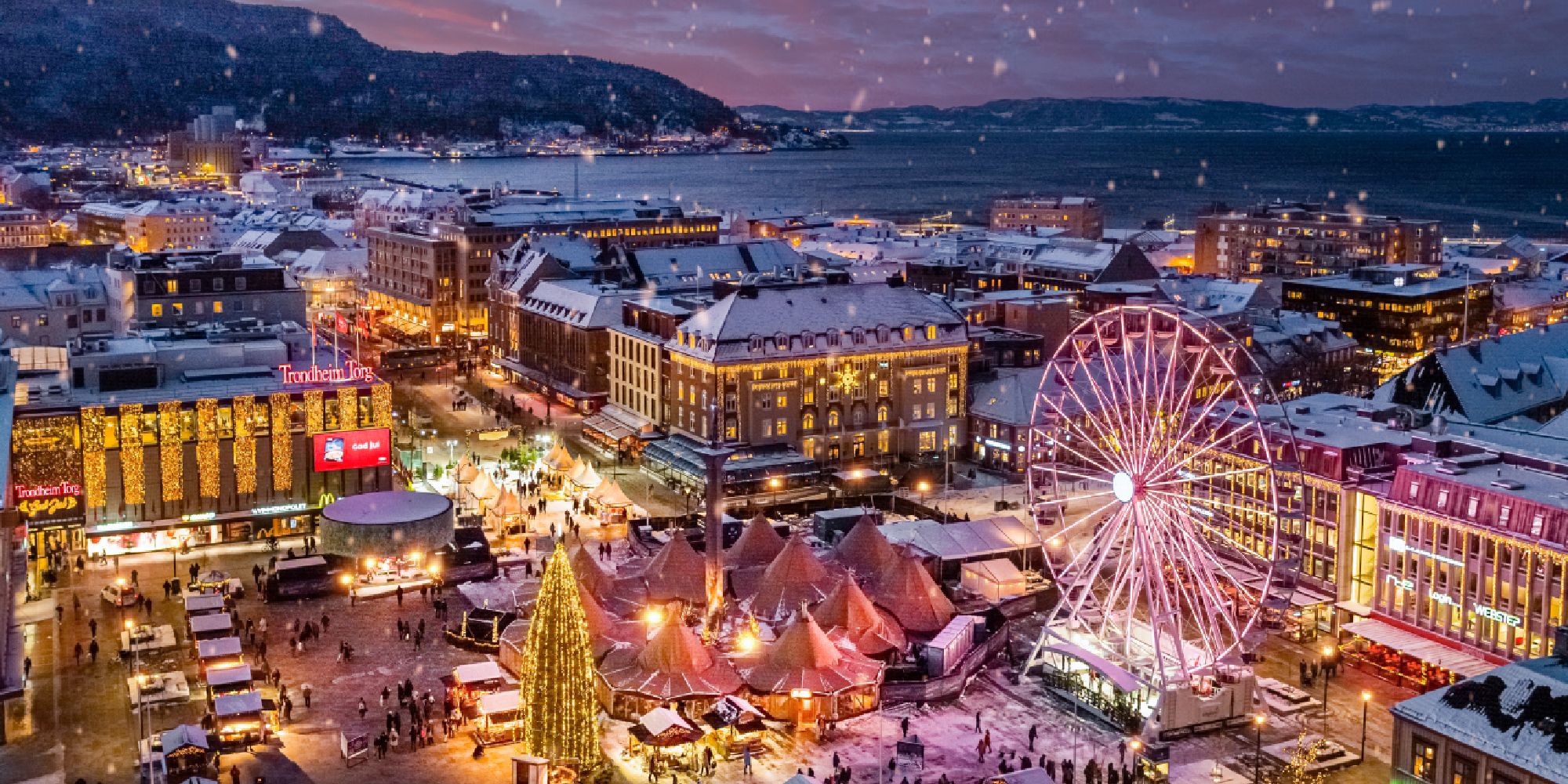 The Christmas market in Trondheim seen from above, Trøndelag, Norway.