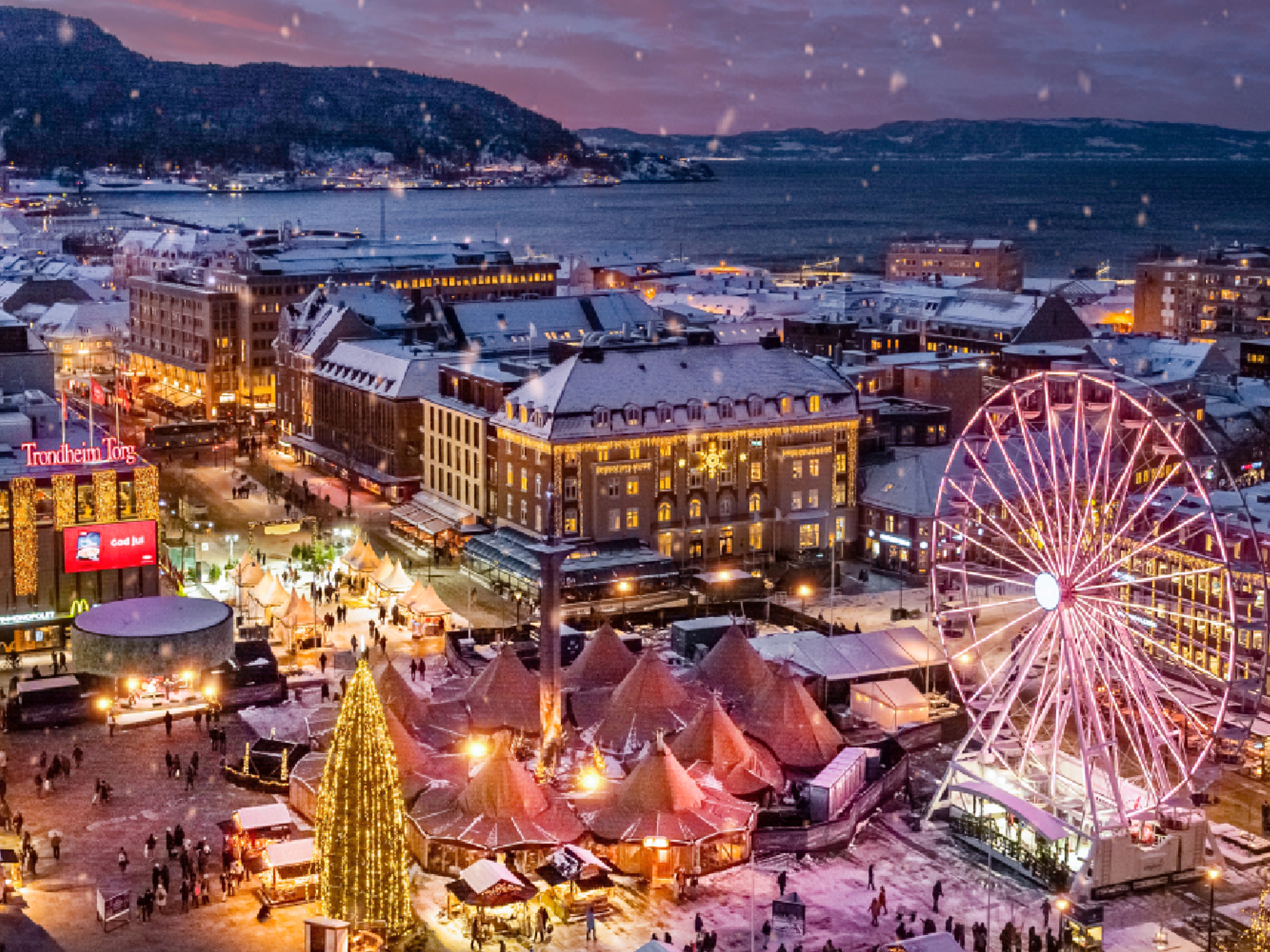 The Christmas market in Trondheim seen from above, Trøndelag, Norway.