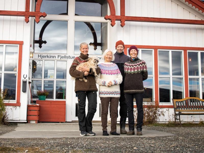 The Hjerkinn family outside of Hjerkinn Fjellstue, mountain lodge.