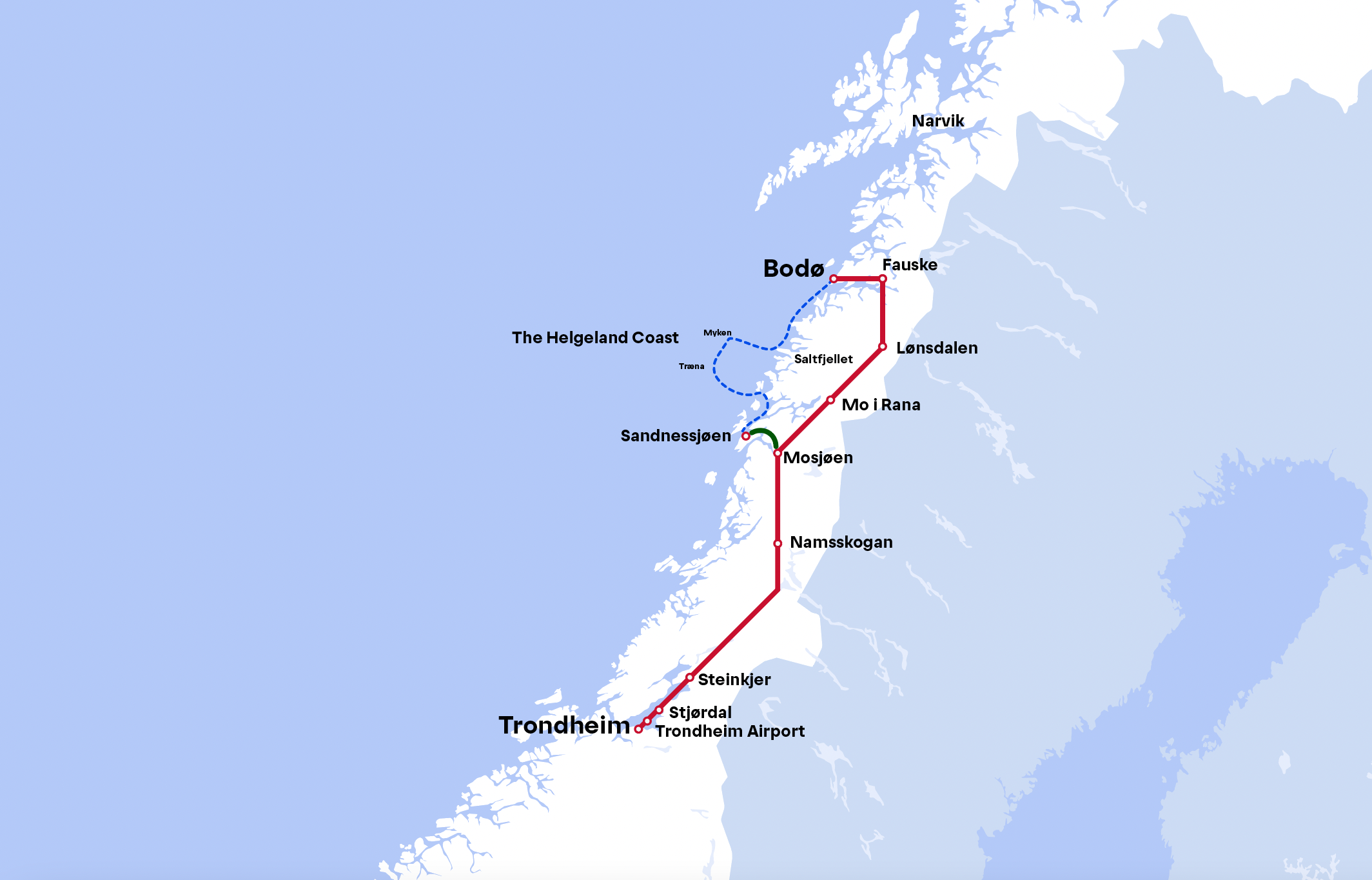 A graphic map of the Nordland line, Norway.