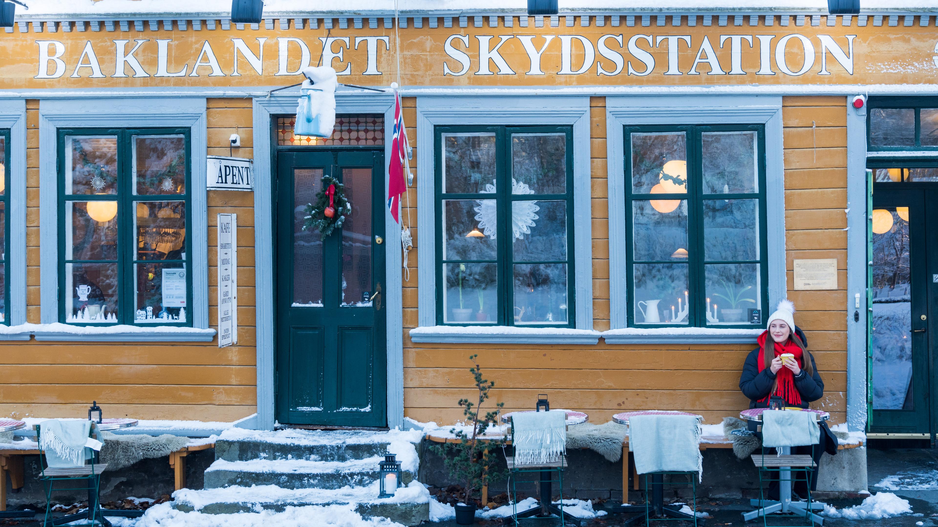 Baklandet Skydsstation in the Bakklandet area in Trondheim in winter, Trøndelag, Norway.