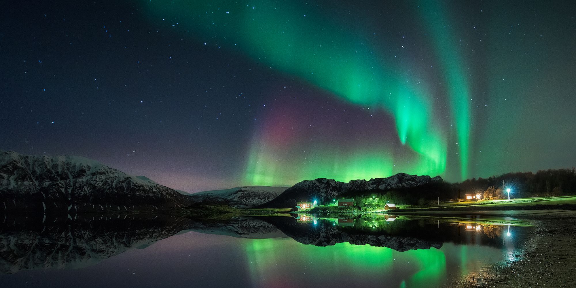 Northern lights over Elgenes in Harstad, Northern Norway