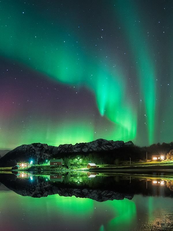 Northern lights over Elgenes in Harstad, Northern Norway