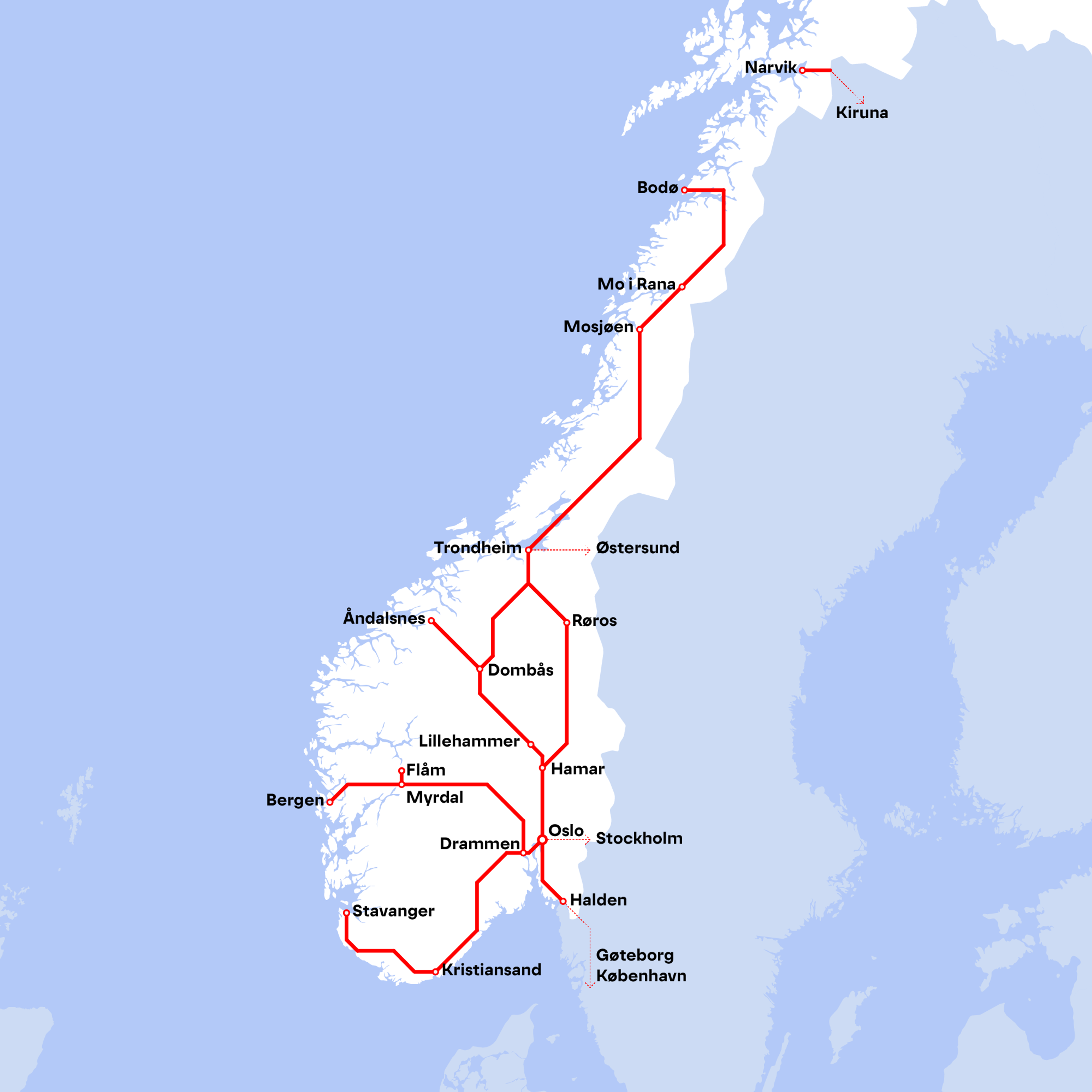 Map of the main train lines in Norway.