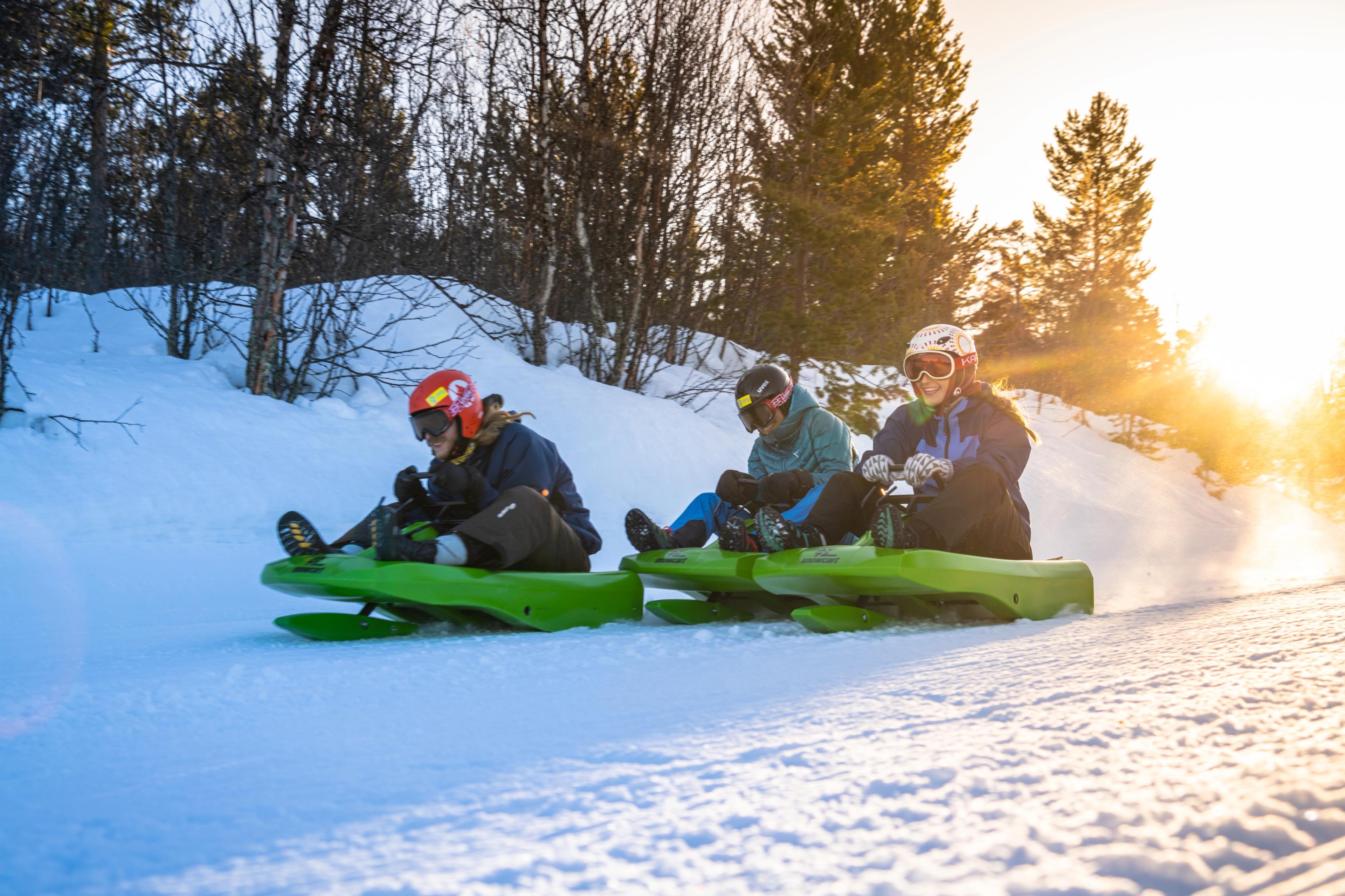 Friends going tobogganing at Dagali Fjellpark, Eastern Norway.