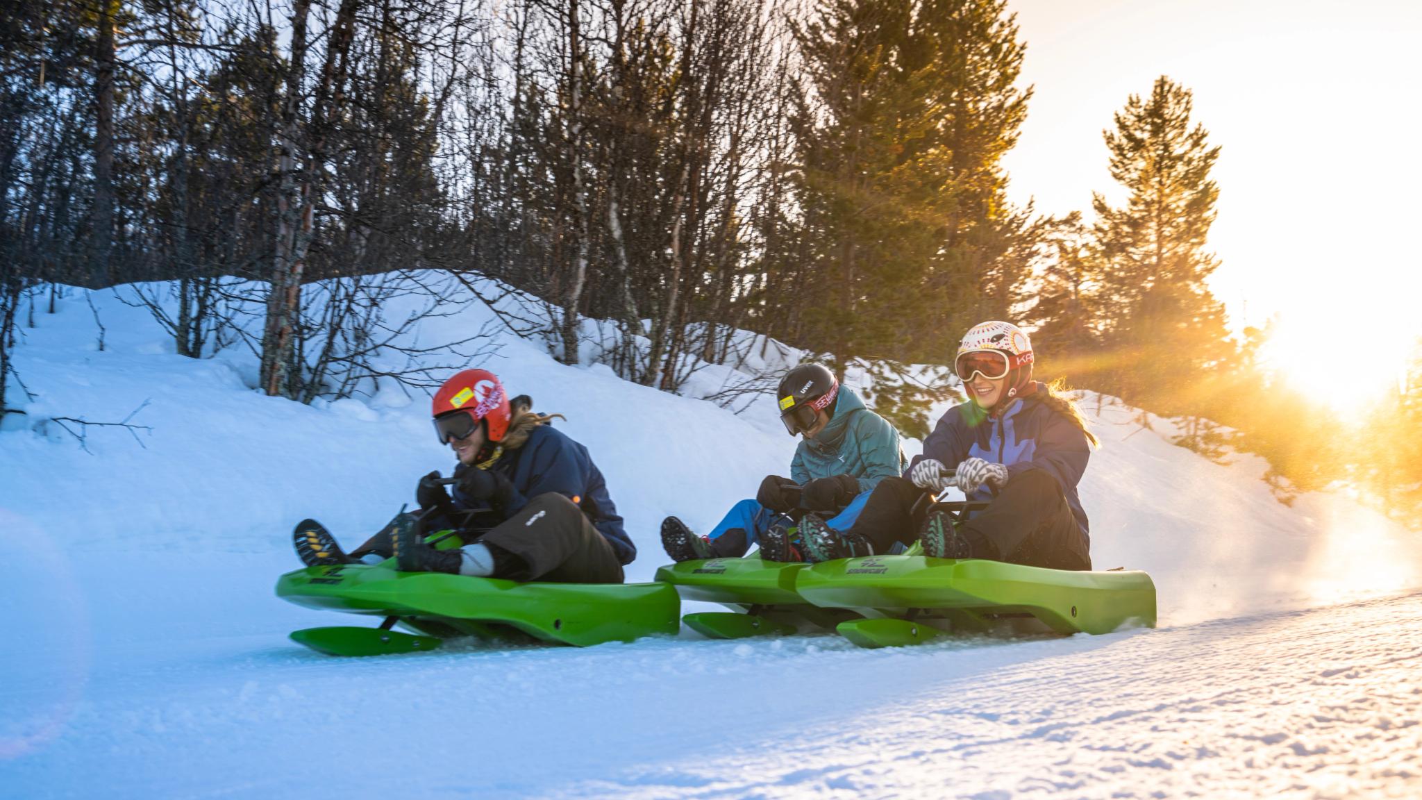 Friends going tobogganing at Dagali Fjellpark, Eastern Norway.