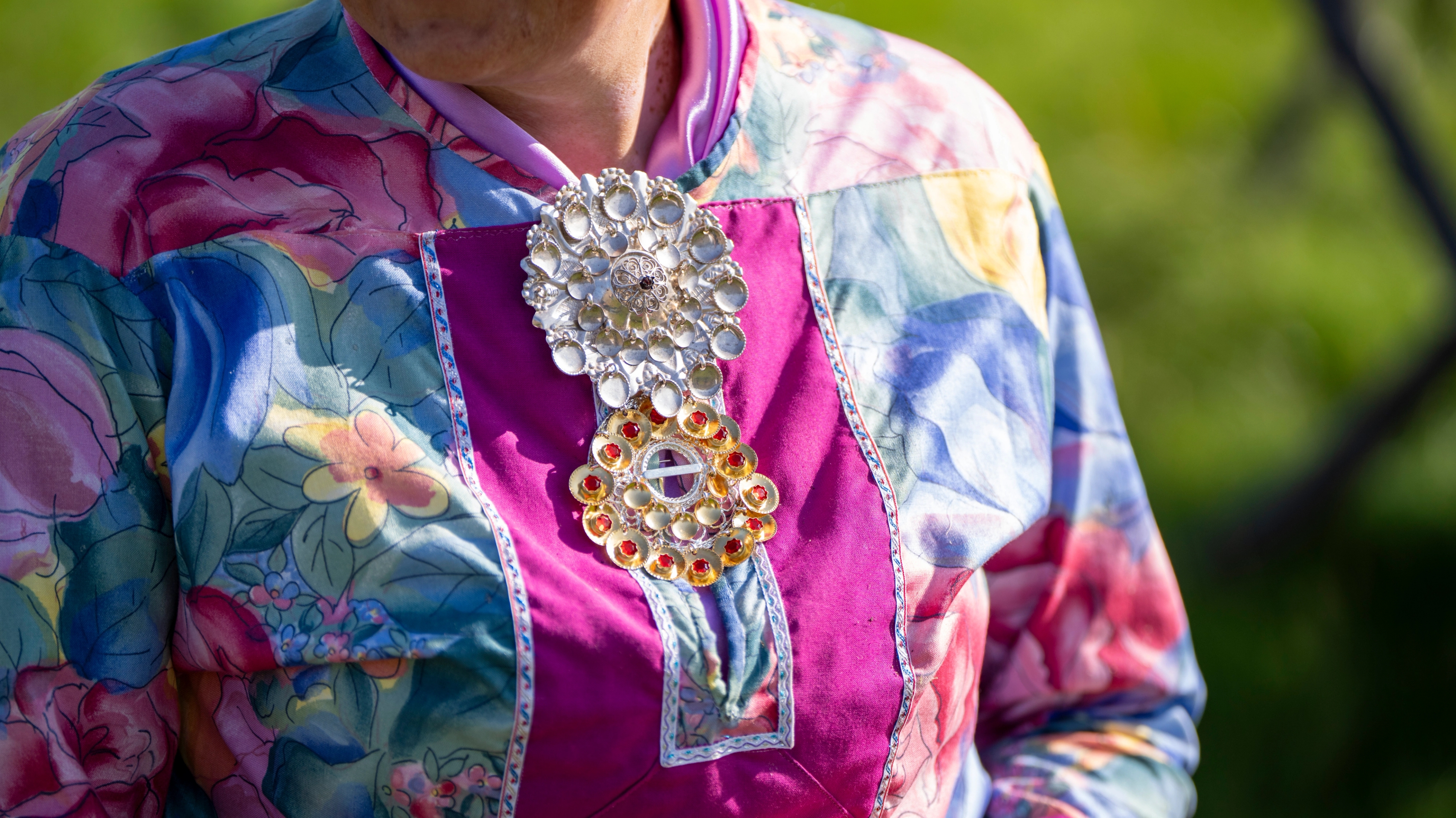 Ann-Kristine Bongo from Sami Siida in Alta wearing Sami Silver with her kofte