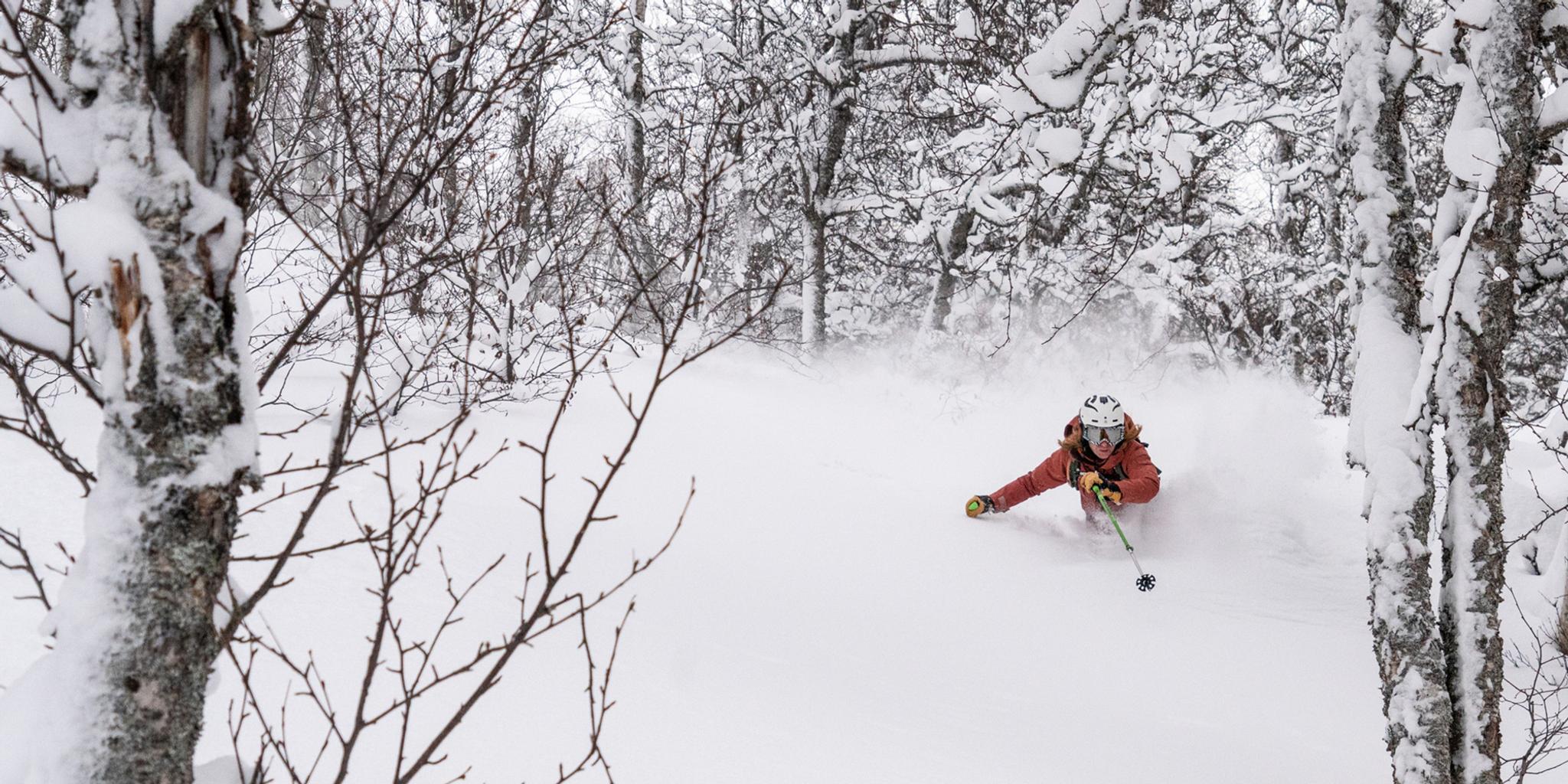 A person is skiing through very deep snow in the woods in Stranda, Sunnmøre, Fjord Norway