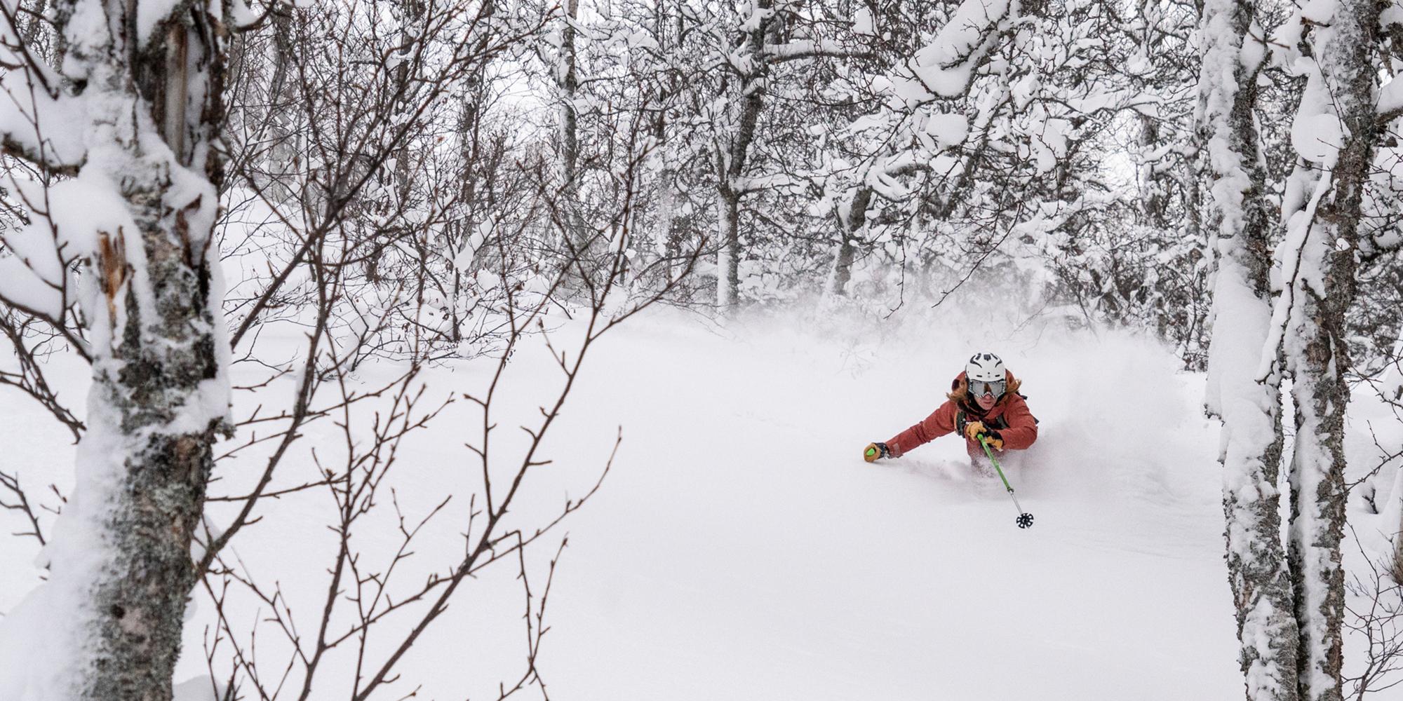 A person is skiing through very deep snow in the woods in Stranda, Sunnmøre, Fjord Norway