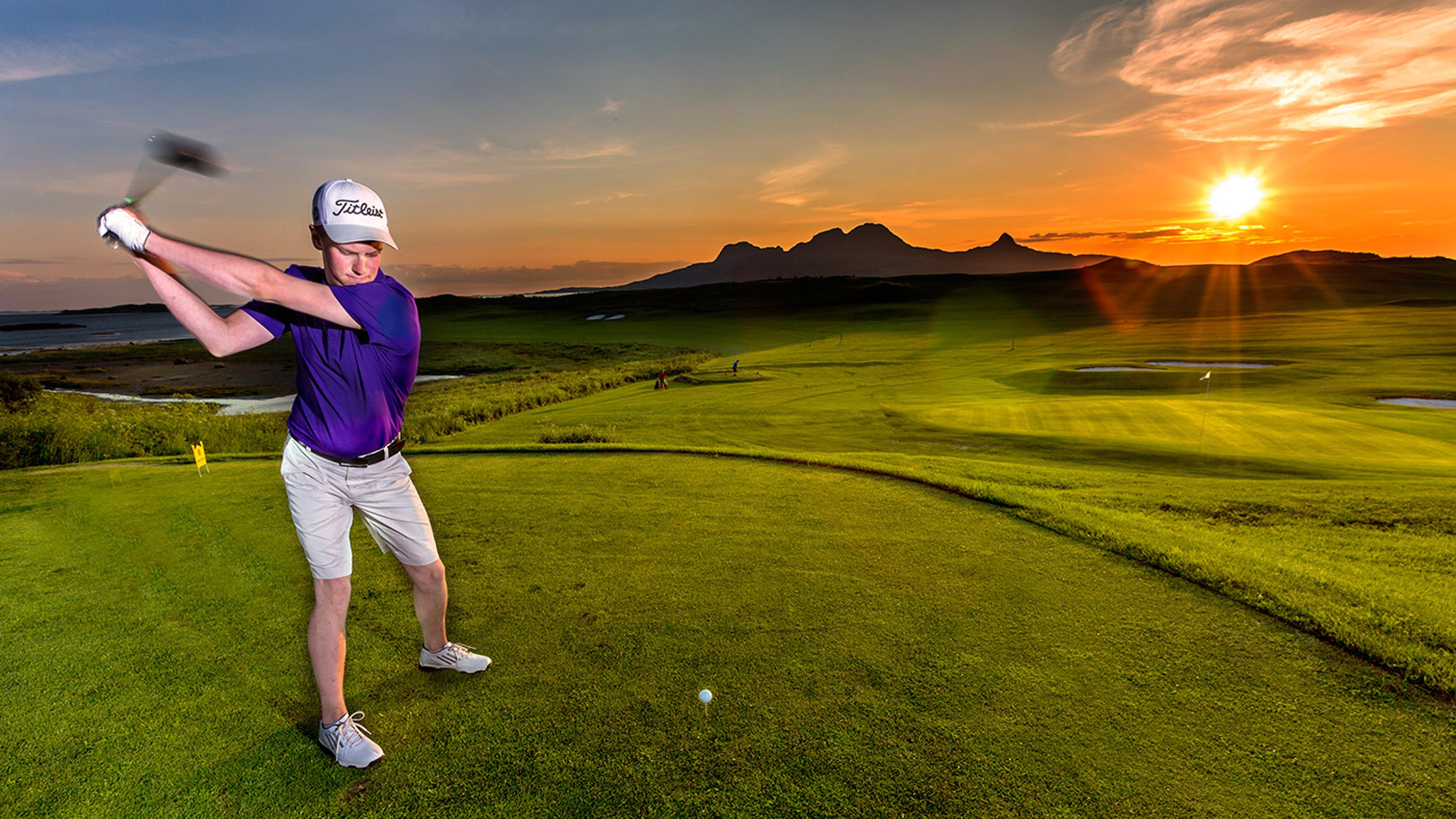 A man playing gold in the midnight sun, Bodø, Northern Norway.