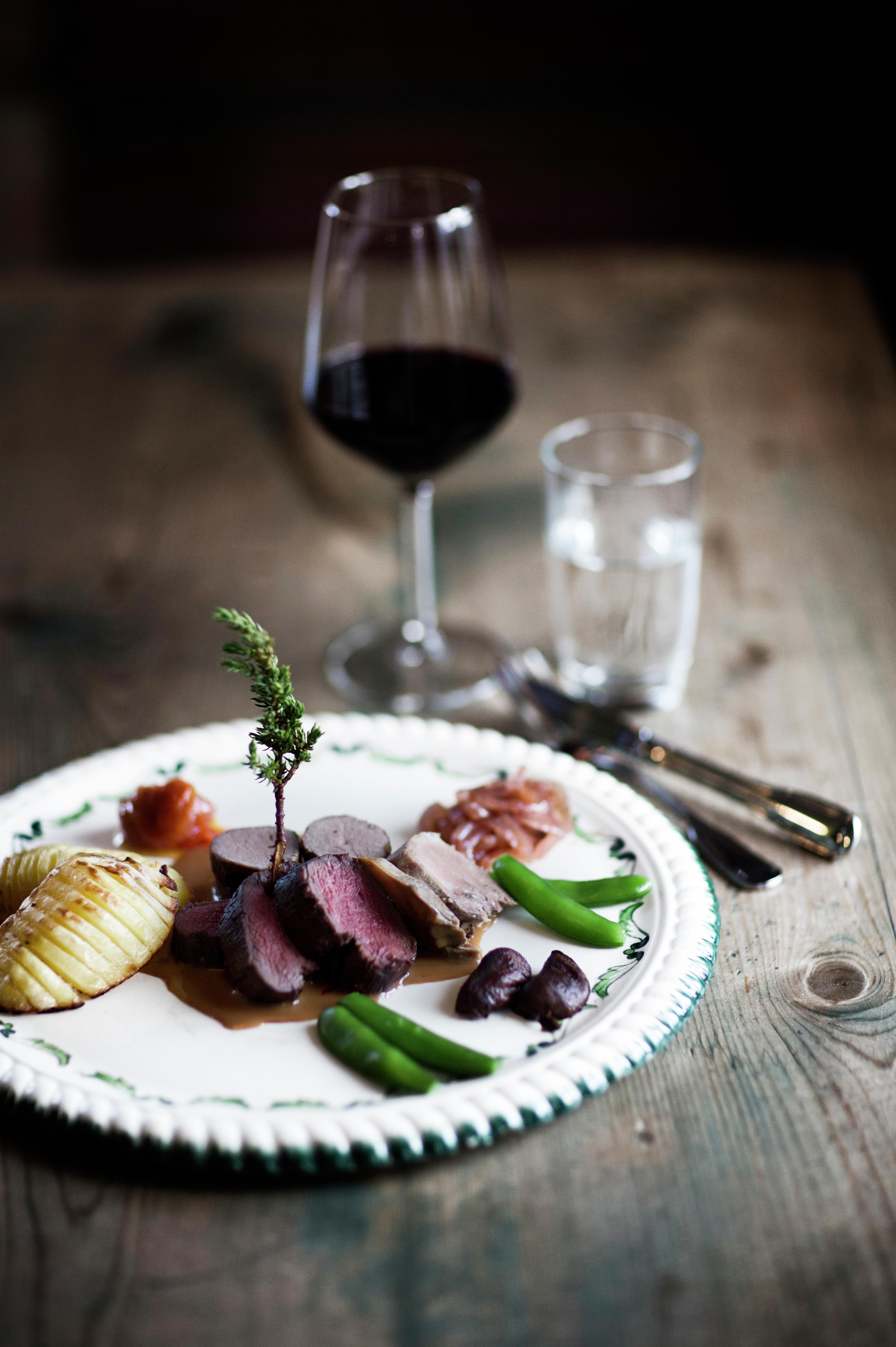 Meet with vegetables and red wine at Hindsæter Hotel in Sjodalen in Jotunheimen, Eastern Norway
