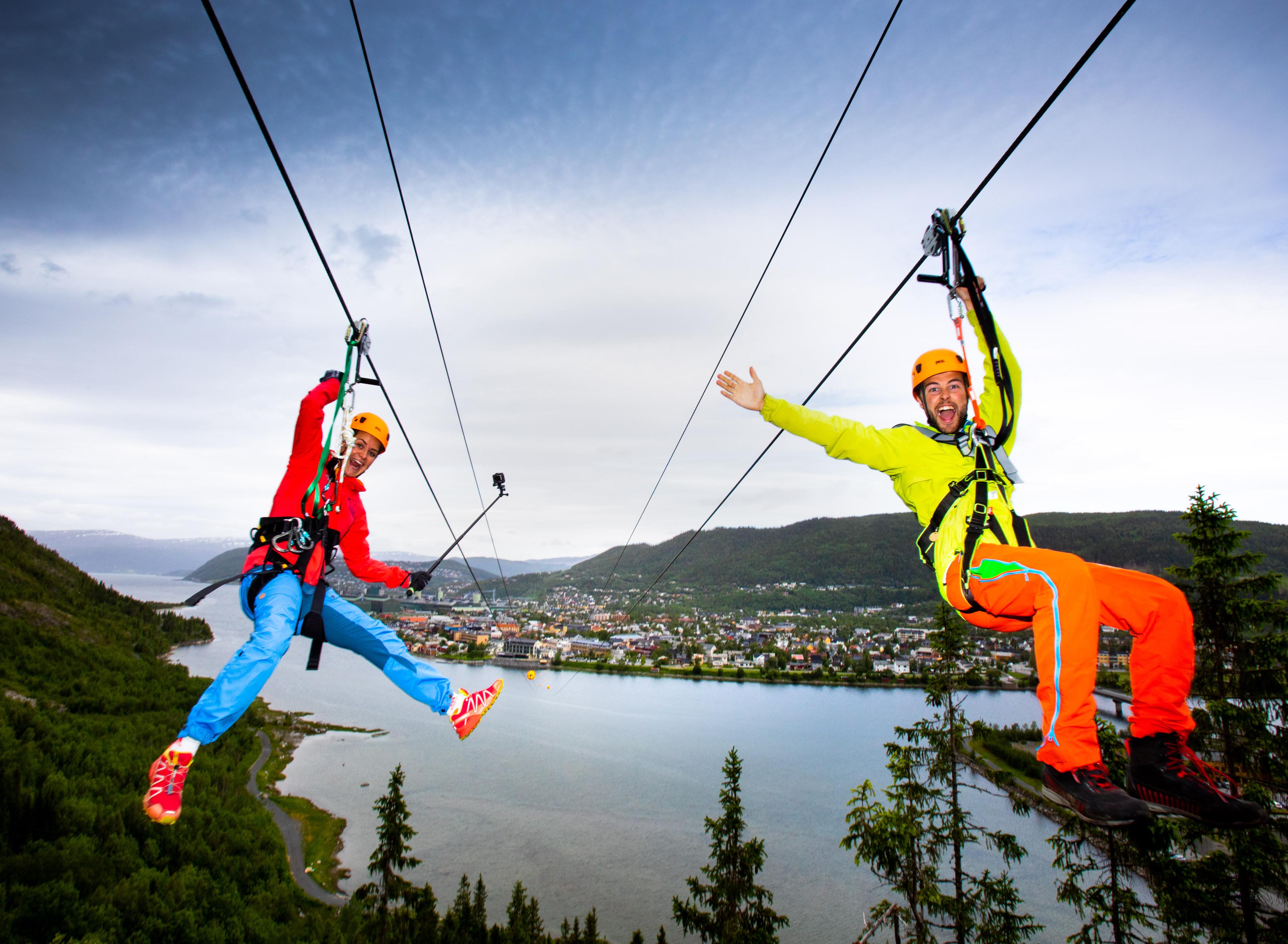Ziplining with Mosjøen in the background