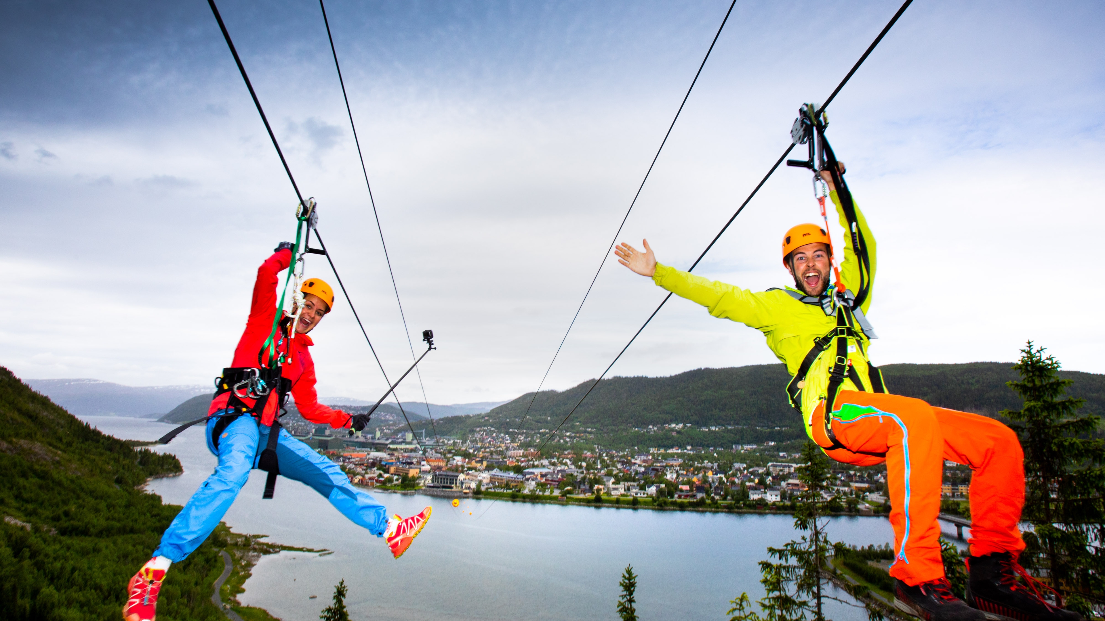 Ziplining with Mosjøen in the background