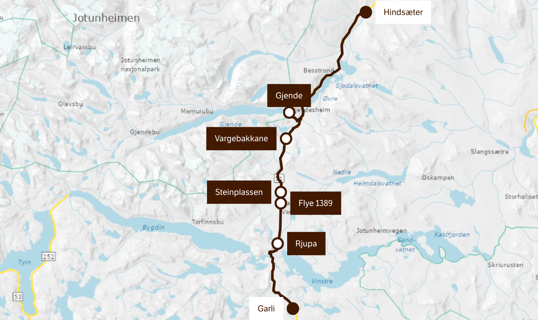 Et kart med rute over Nasjonal turistveg Valdresflye.