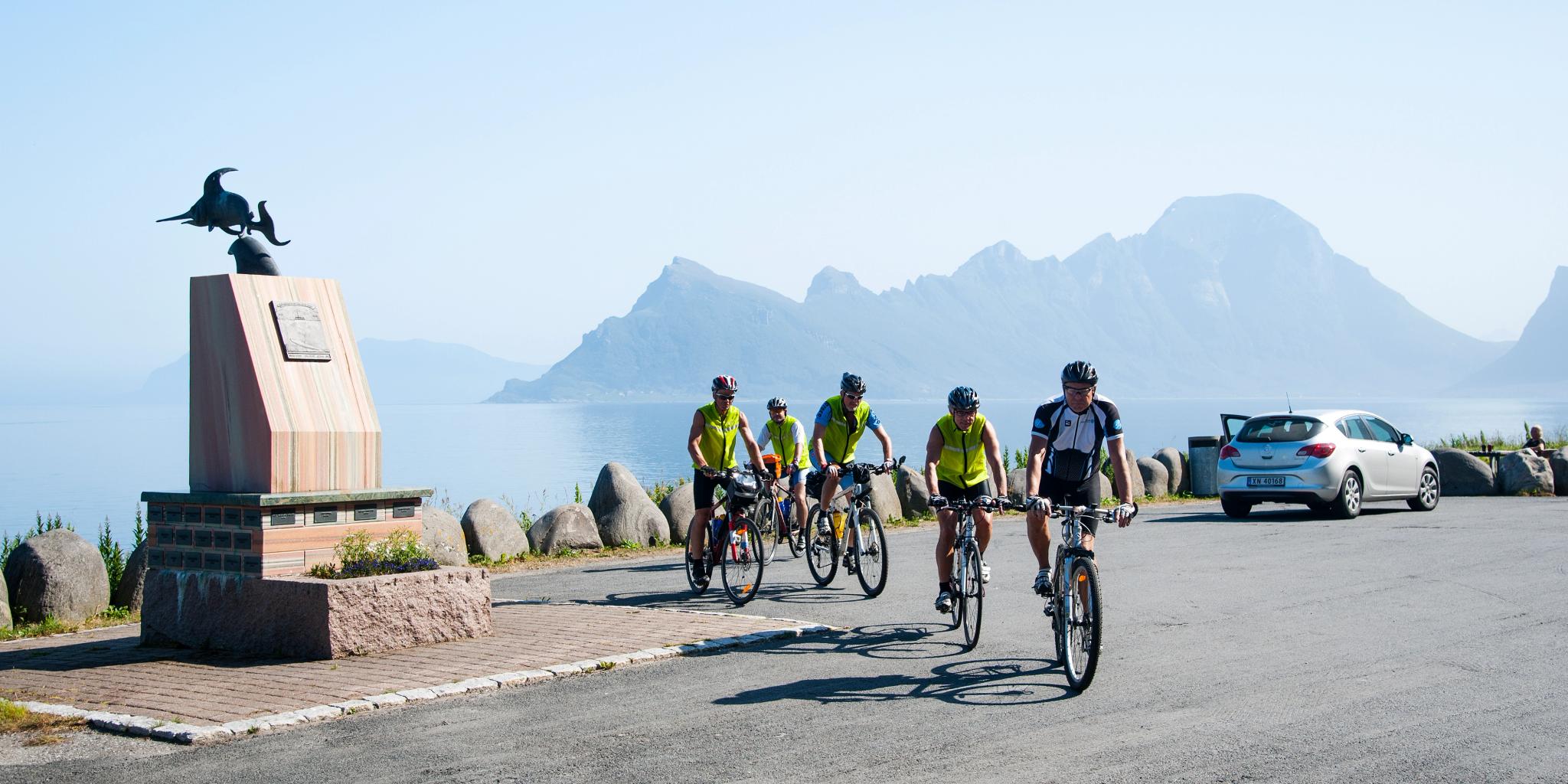 Bike safety: A group of road cyclists on the Helgeland coast in Northern Norway